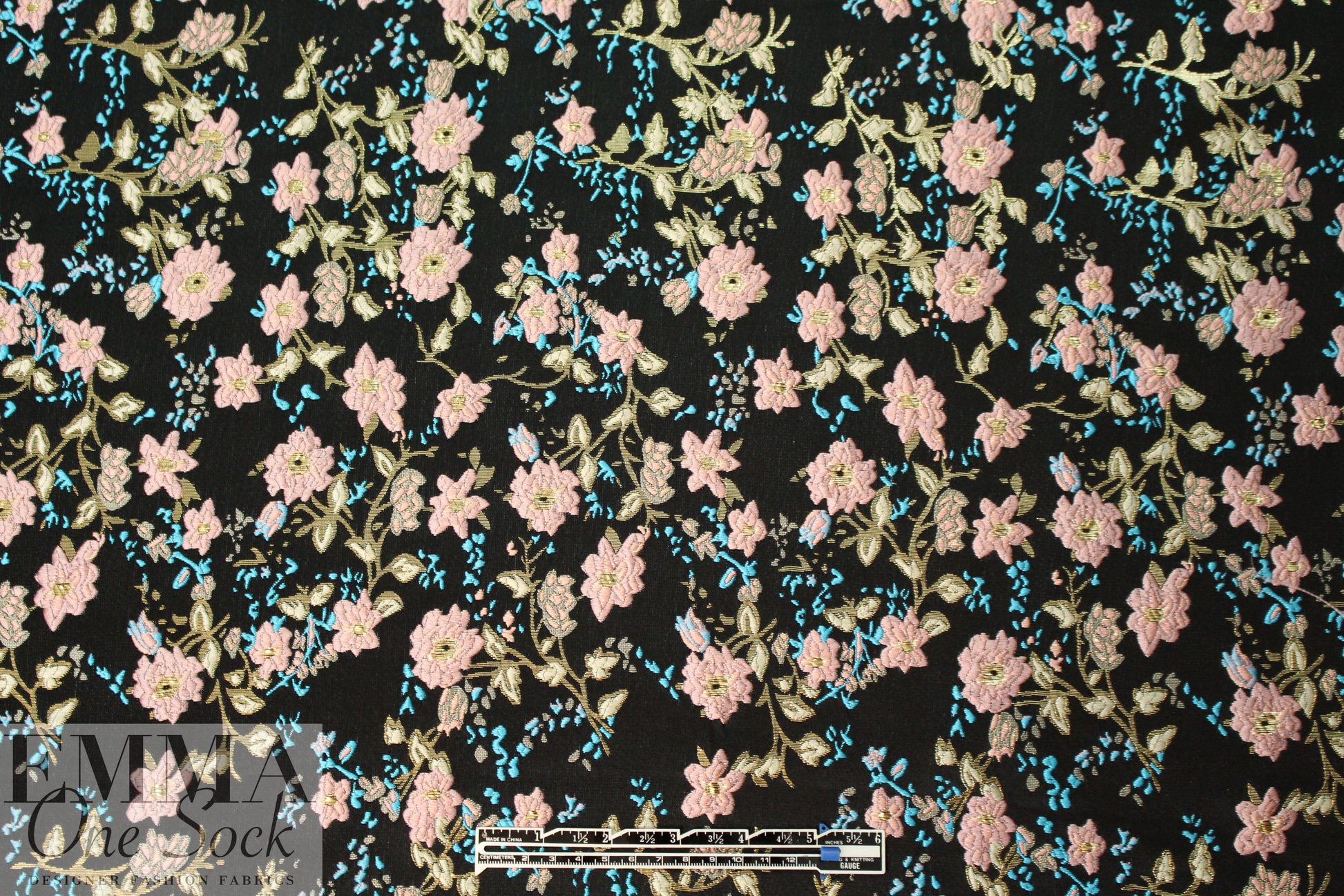 Asian flower jacquard brocade - pink/gold/black 1.25 yds