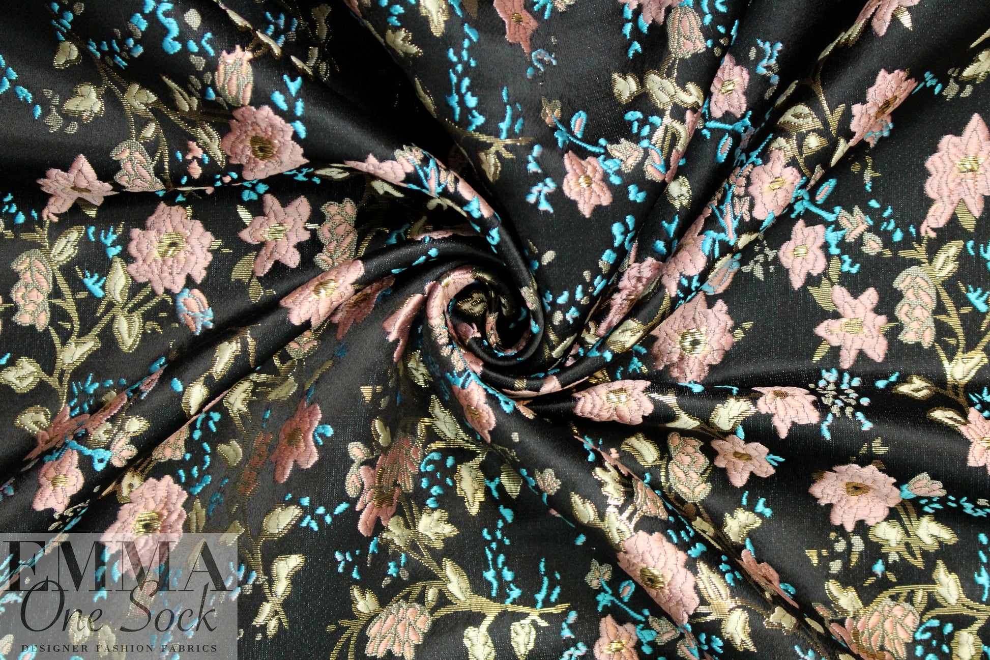 Asian flower jacquard brocade - pink/gold/black 1.75 yd