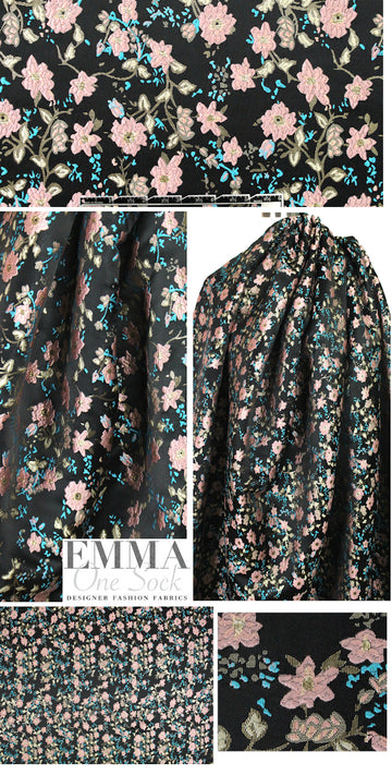 Asian flower jacquard brocade - pink/gold/black 1 yard