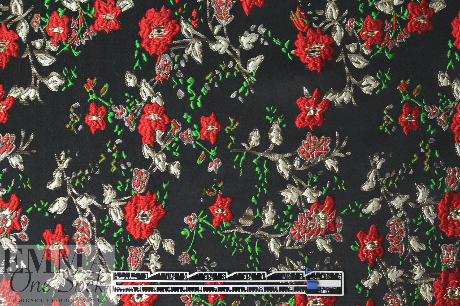 Asian flower jacquard brocade - red/gold/black 1 yard