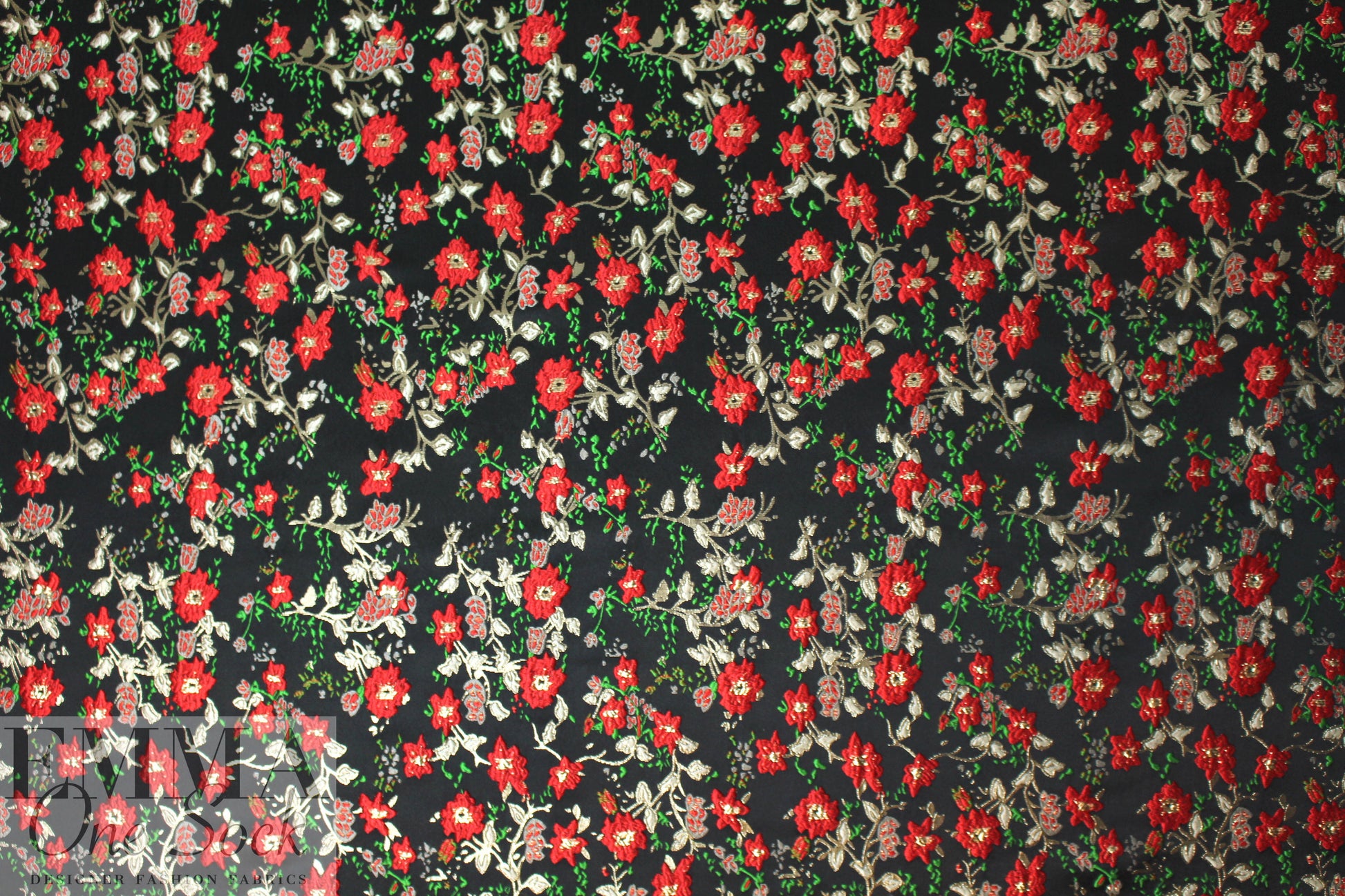Asian flower jacquard brocade - red/gold/black 1.5 yd