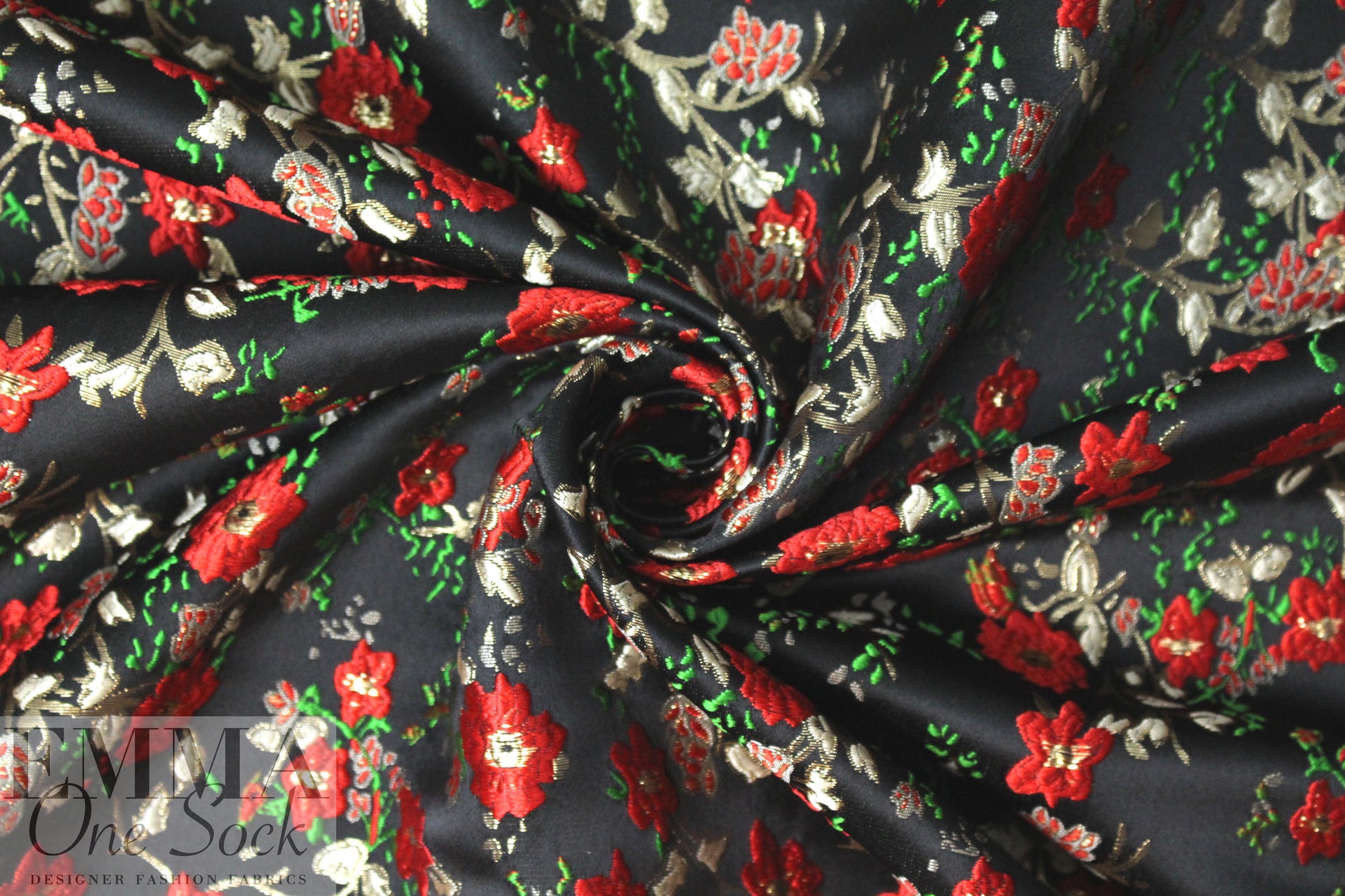 Asian flower jacquard brocade - red/gold/black