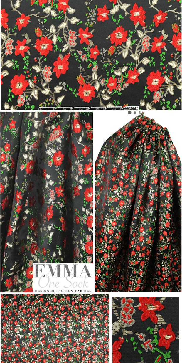 Asian flower jacquard brocade - red/gold/black 1.5 yd