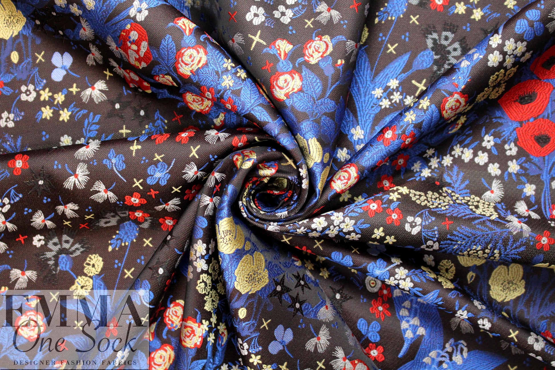 NY designer floral jacquard brocade - cobalt/red