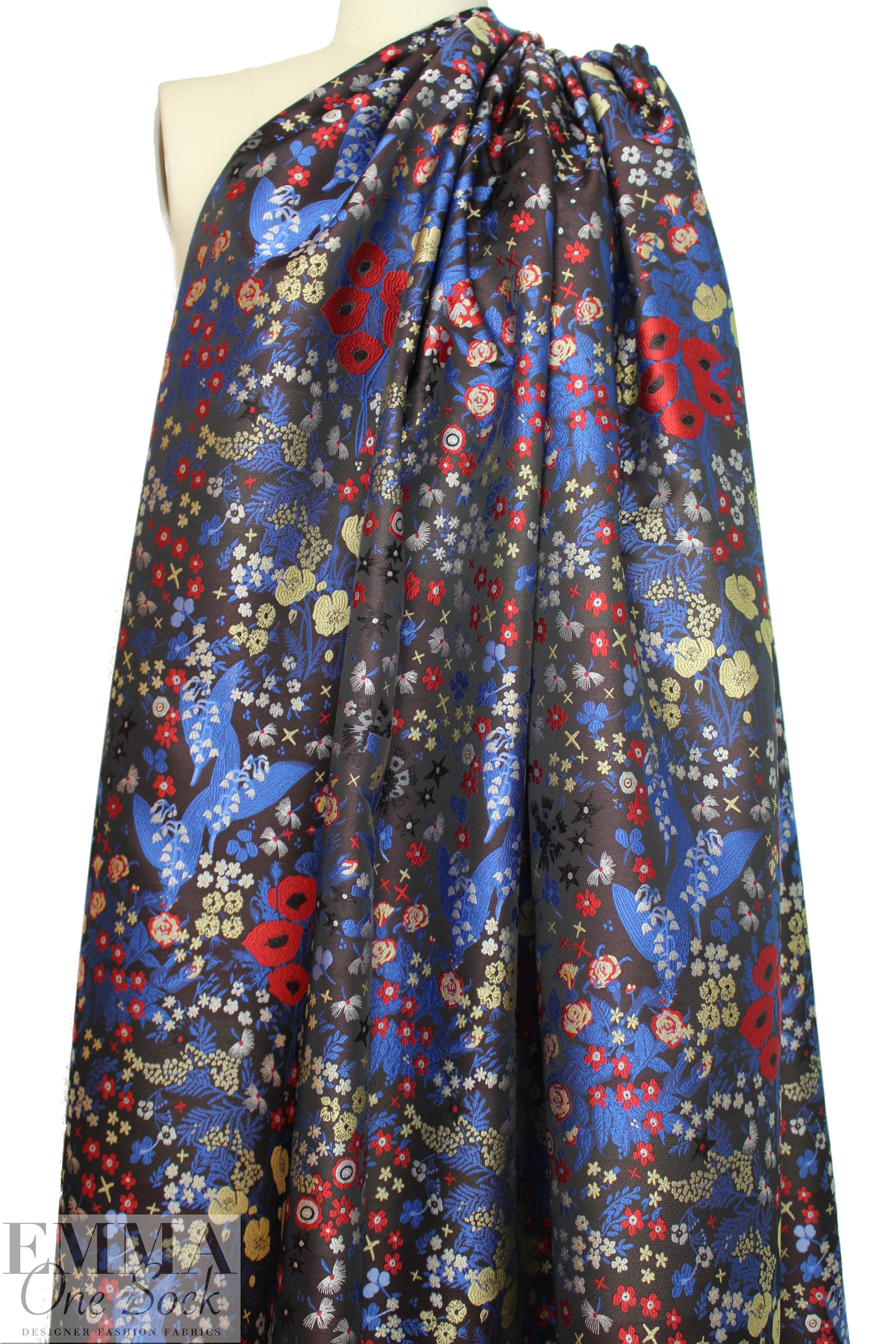 NY designer floral jacquard brocade - cobalt/red