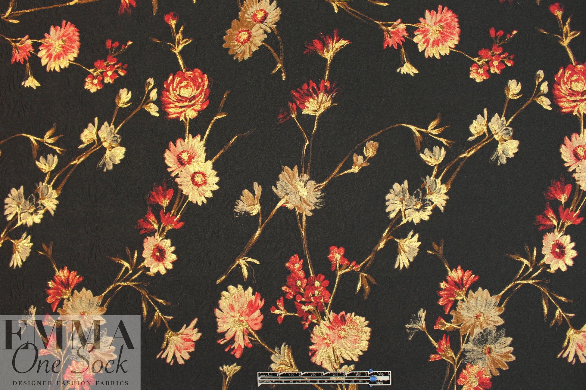 famous designer rouge/gold floral silk/metallic brocade