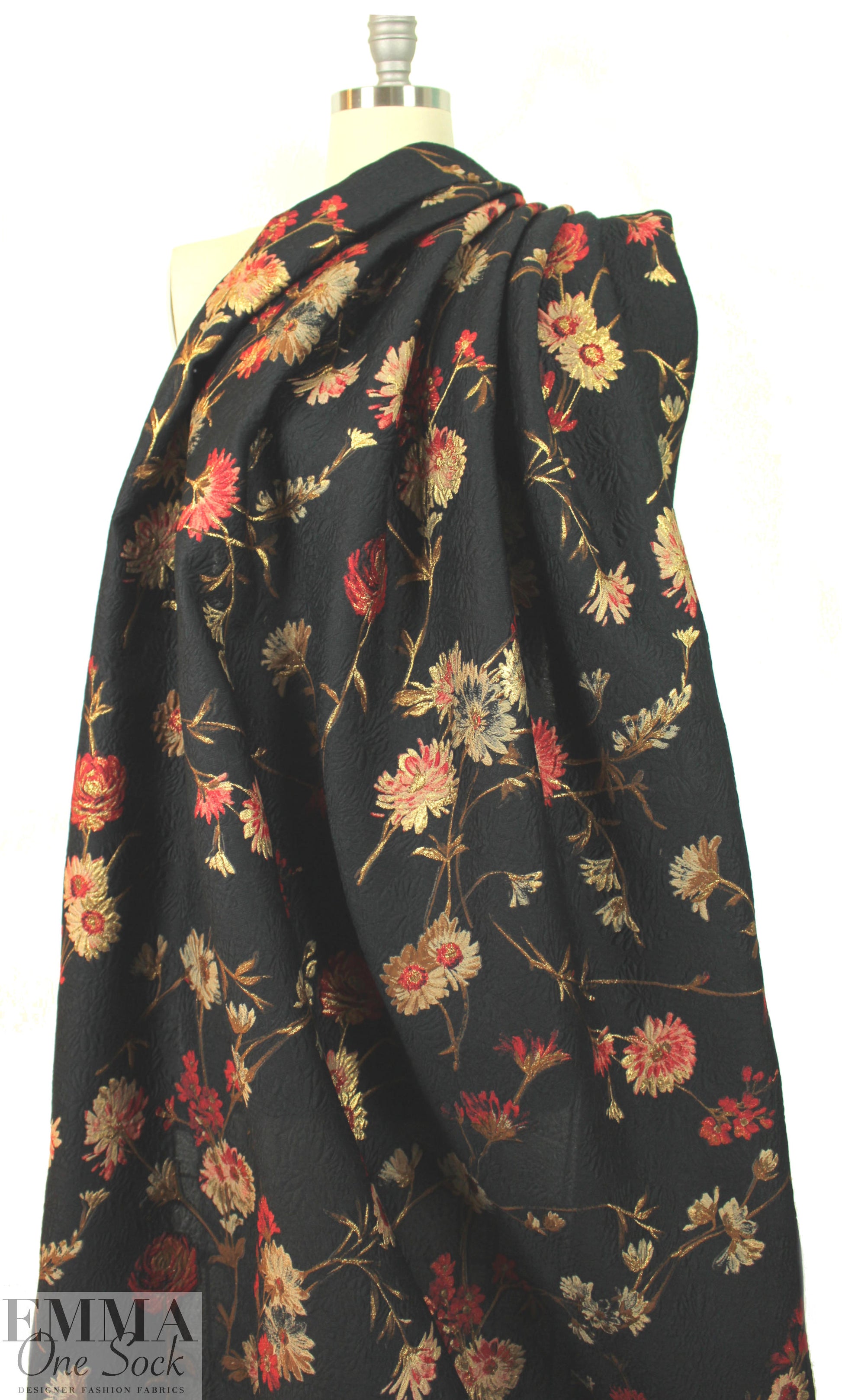 famous designer rouge/gold floral silk/metallic brocade