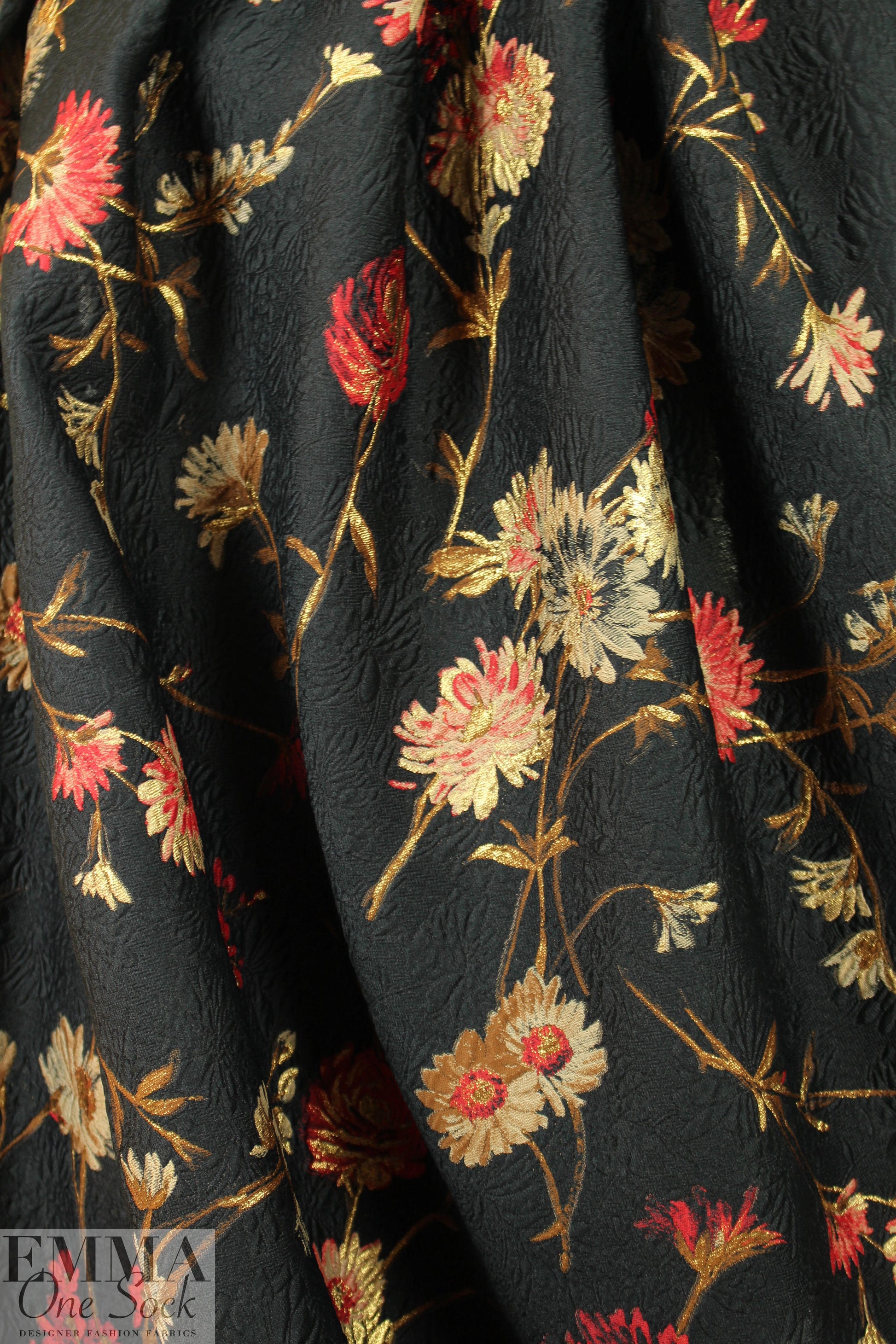 famous designer rouge/gold floral silk/metallic brocade