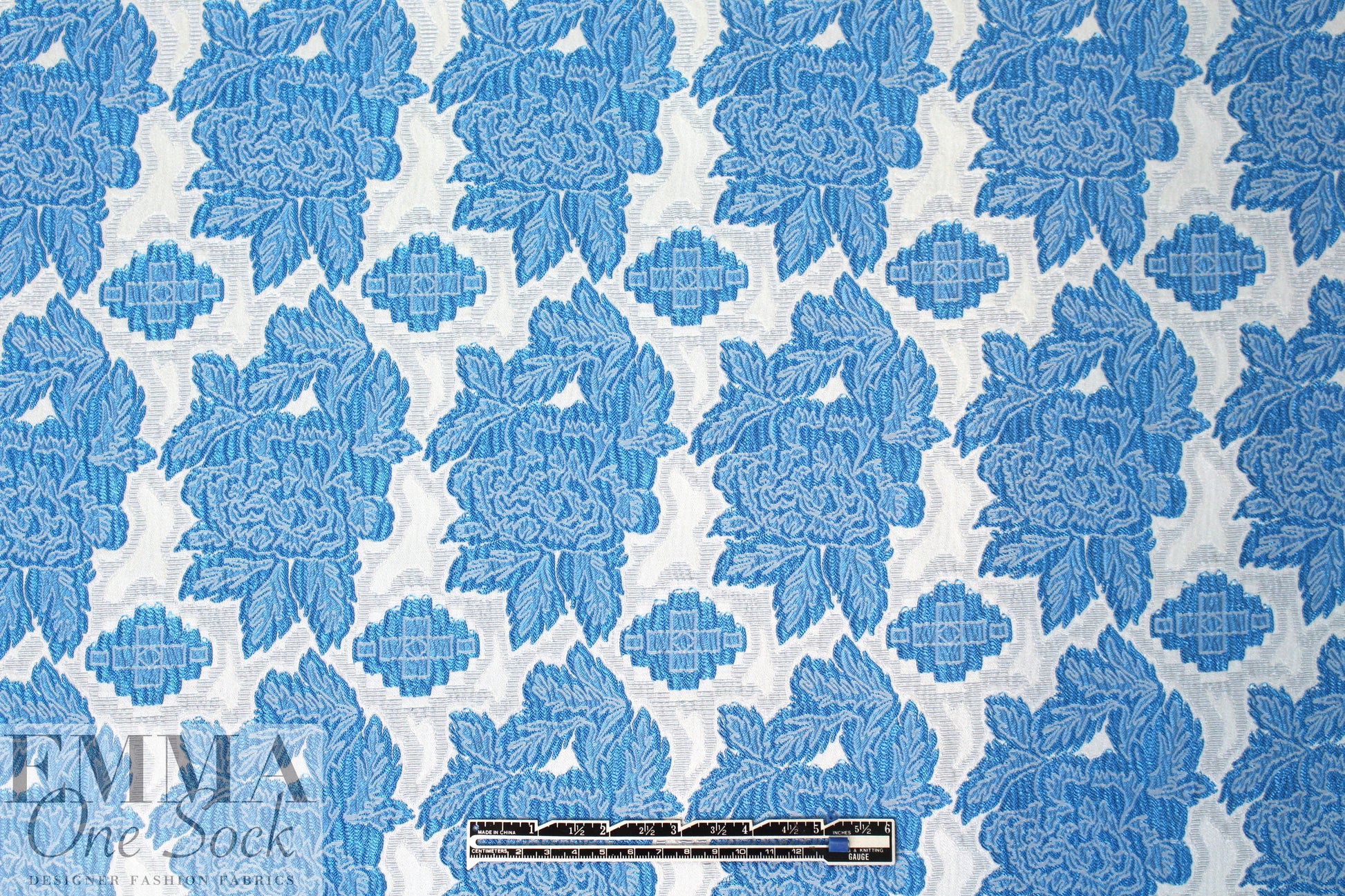famous designer blue tones floral stretch brocade