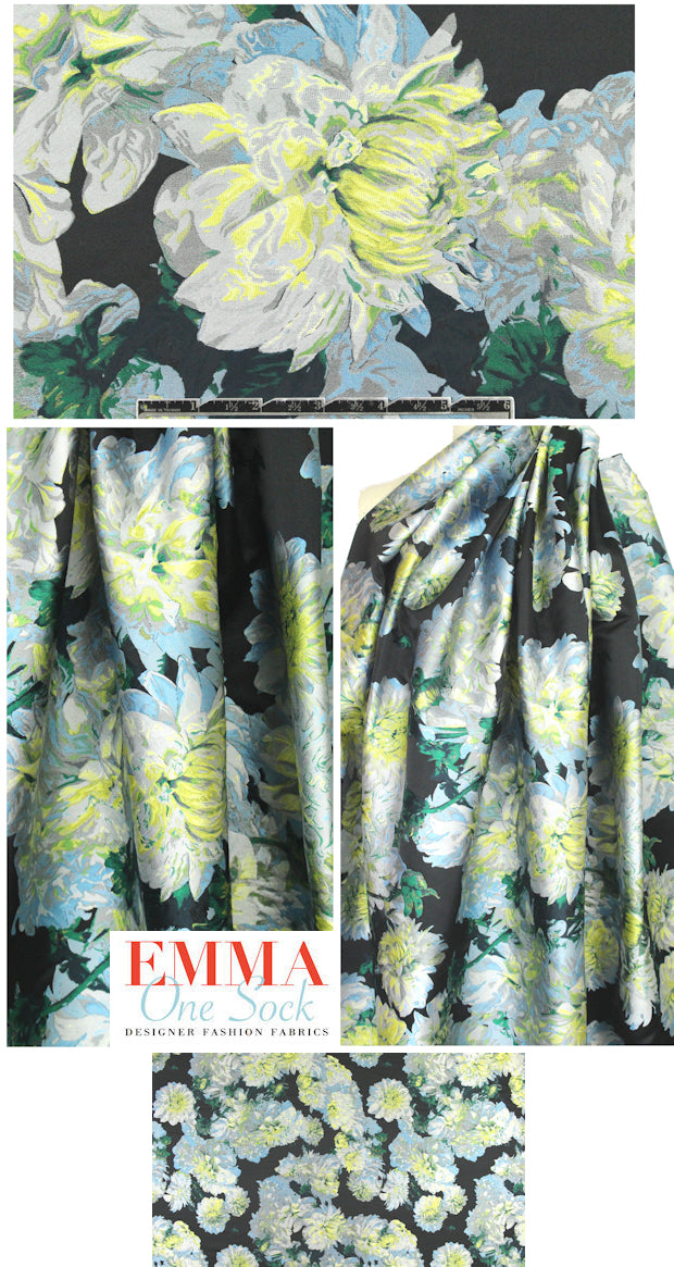 Italian floral brocade - emerald/silver/lemon .875 yds