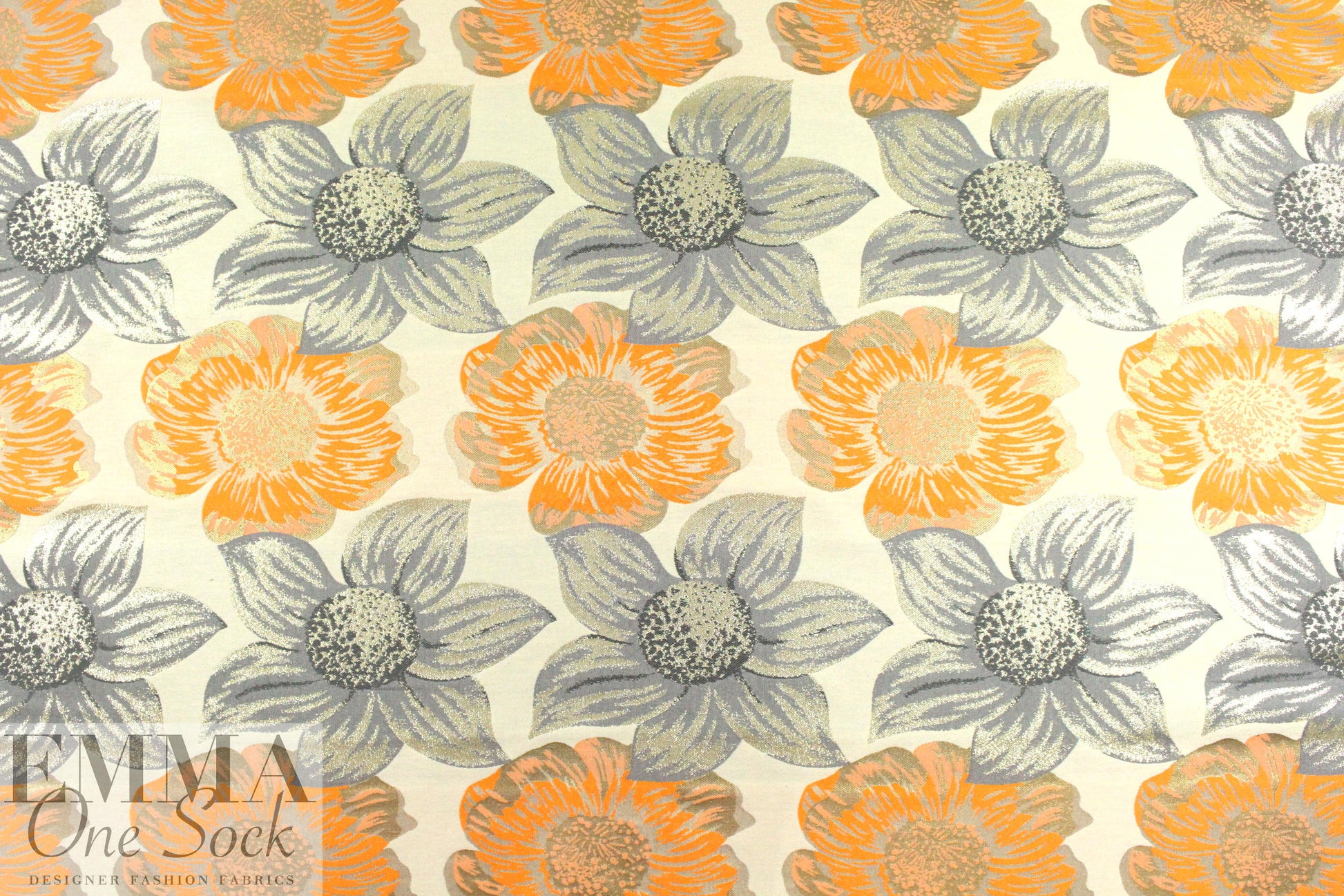 Italian tangerine/gray/gold oversized flower brocade