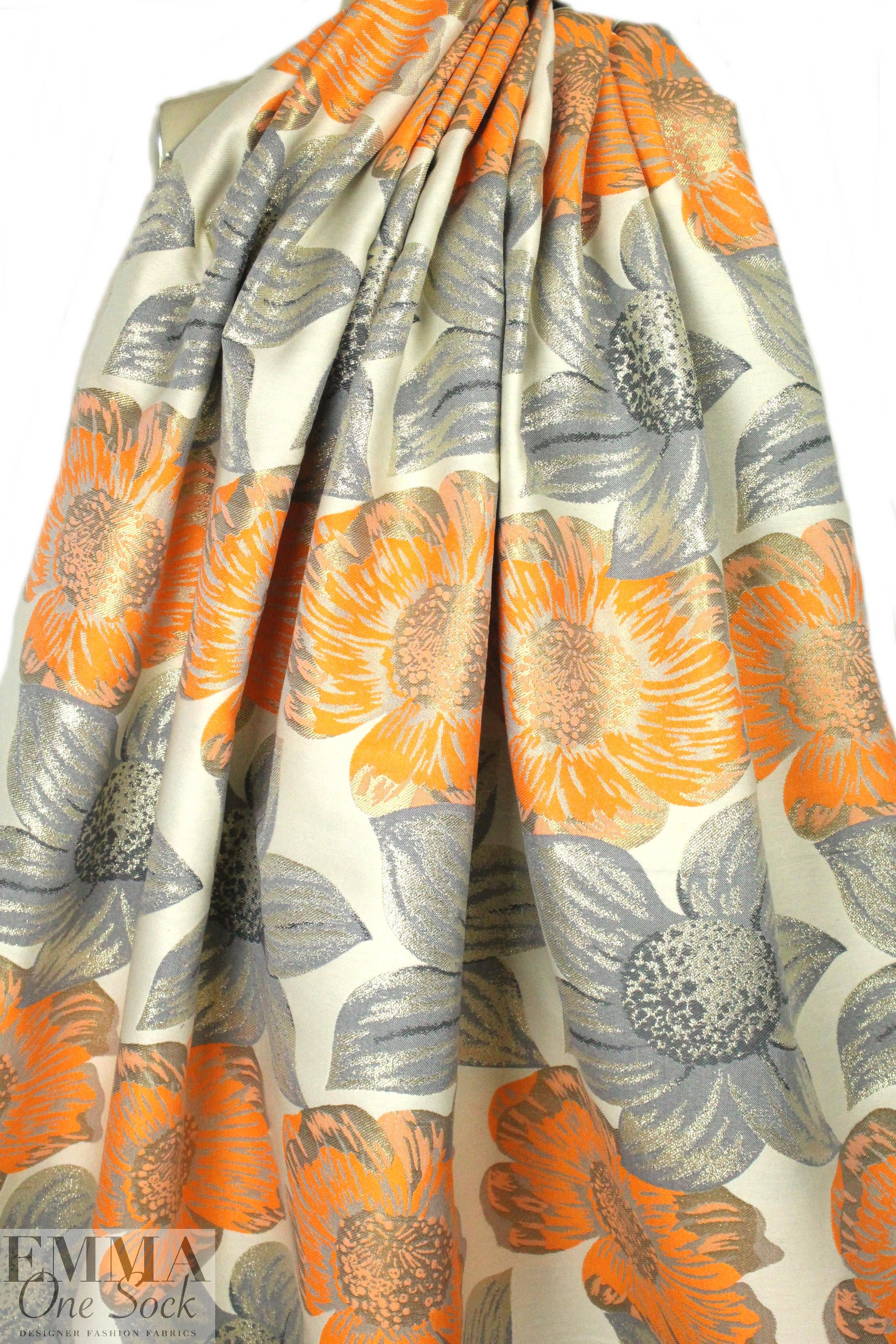 Italian tangerine/gray/gold oversized flower brocade