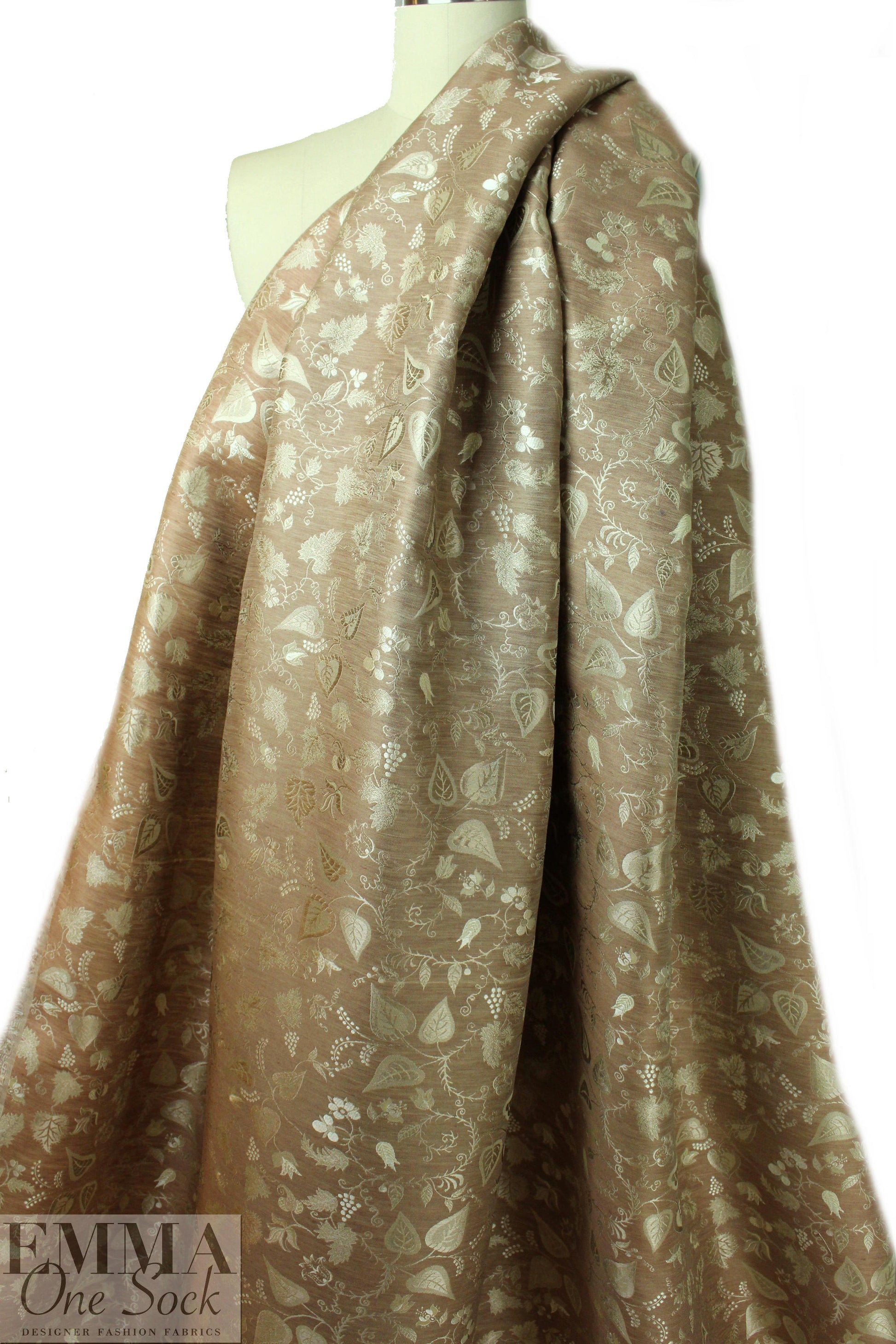 Italian floral silk brocade - white gold/tan