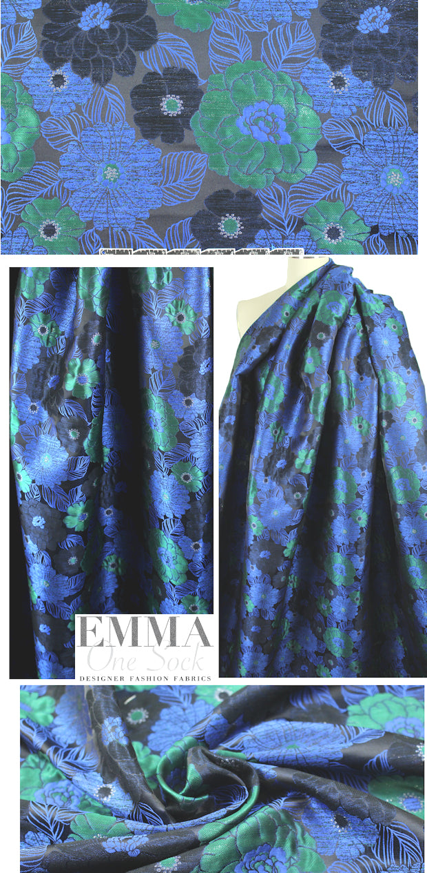 NY designer metallic jacqu. brocade - blue floral .875 yds