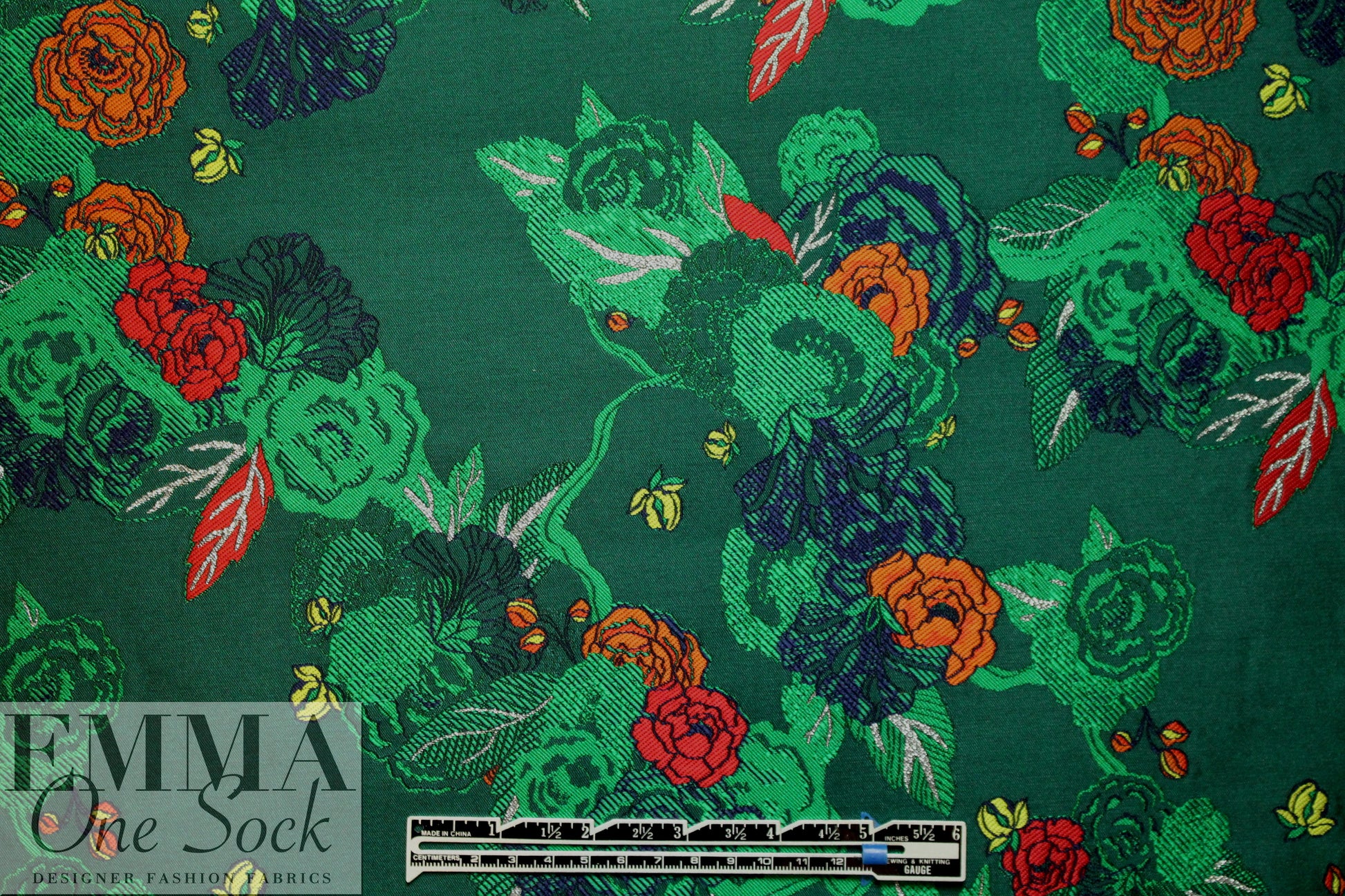 NY designer floral jacquard brocade - emerald/spice 1.625 yd