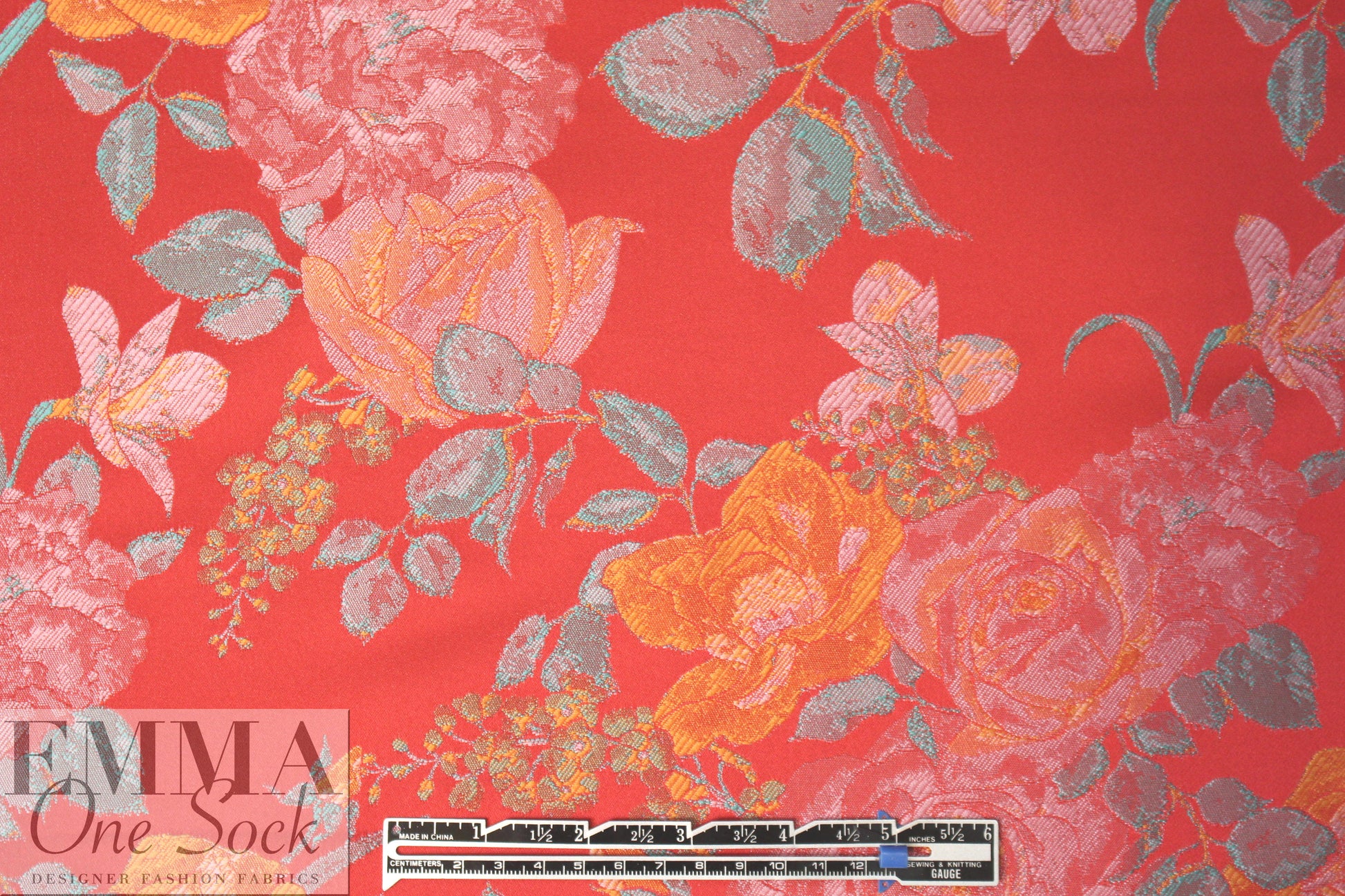 Tah@ri red/orange/aqua floral jacquard brocade 2 yd