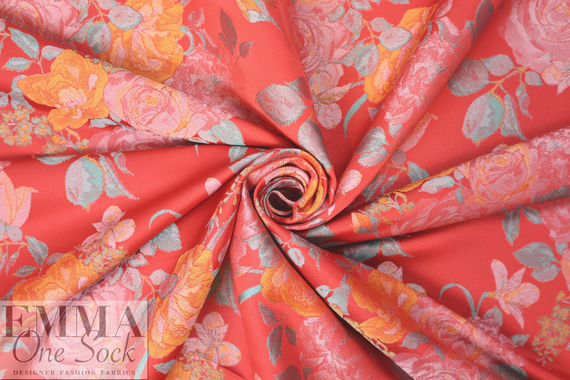 Tah@ri red/orange/aqua floral jacquard brocade