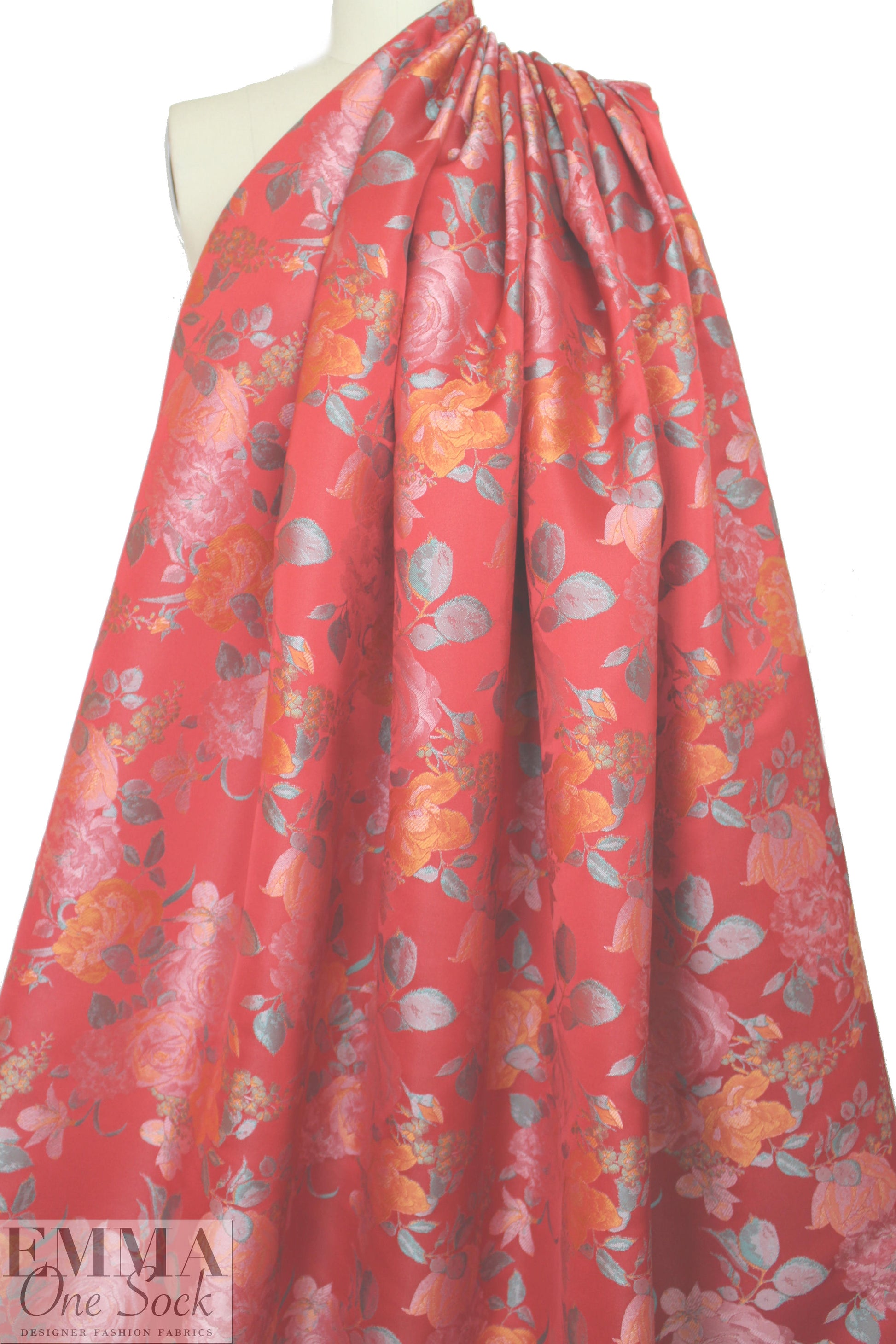 Tah@ri red/orange/aqua floral jacquard brocade