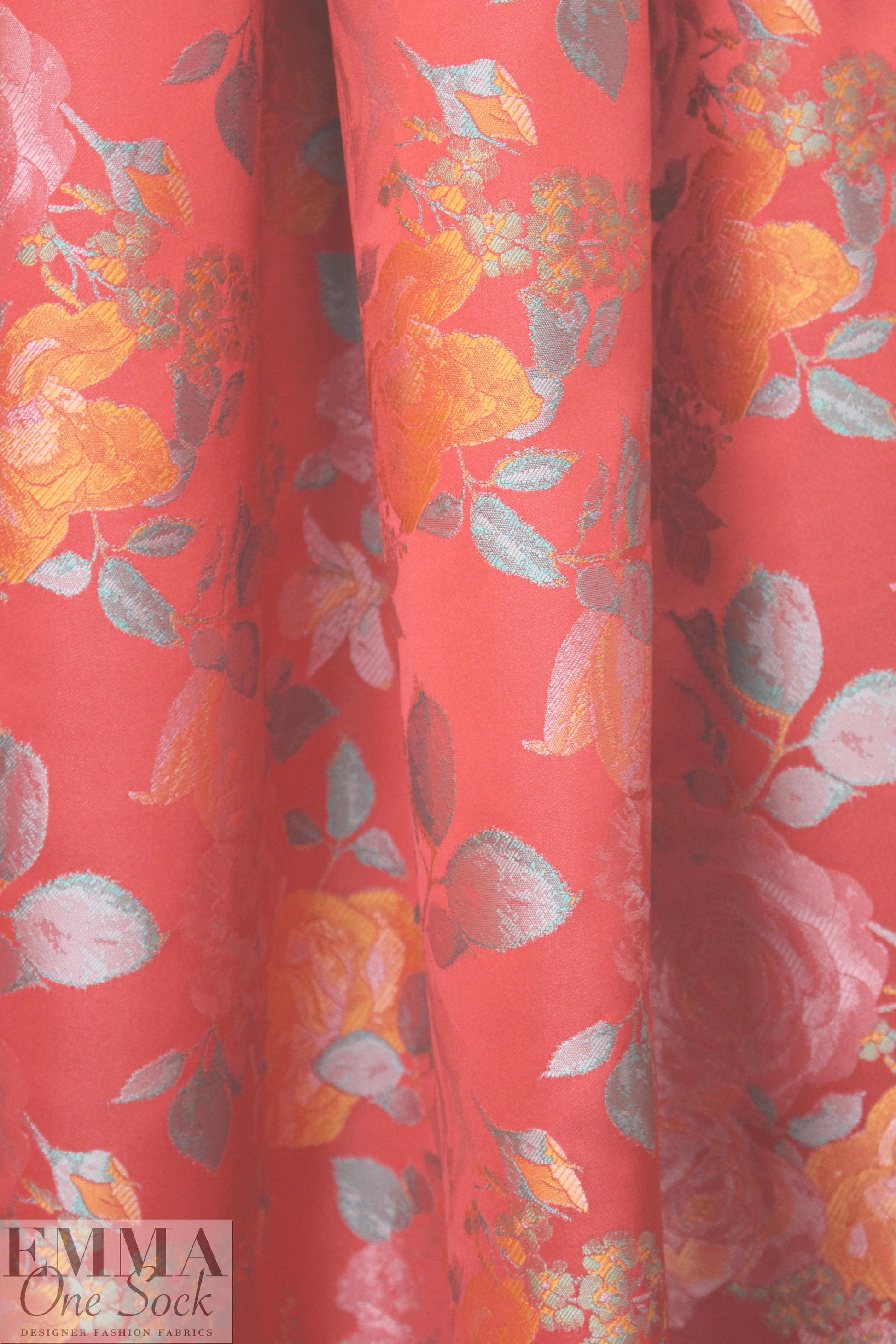 Tah@ri red/orange/aqua floral jacquard brocade