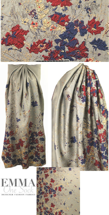 Tah@ri silk blend border brocade - garnet/blue/gray