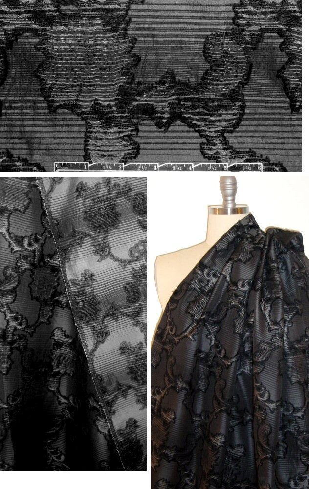 Italian black/gray floral stripe jacquard brocade