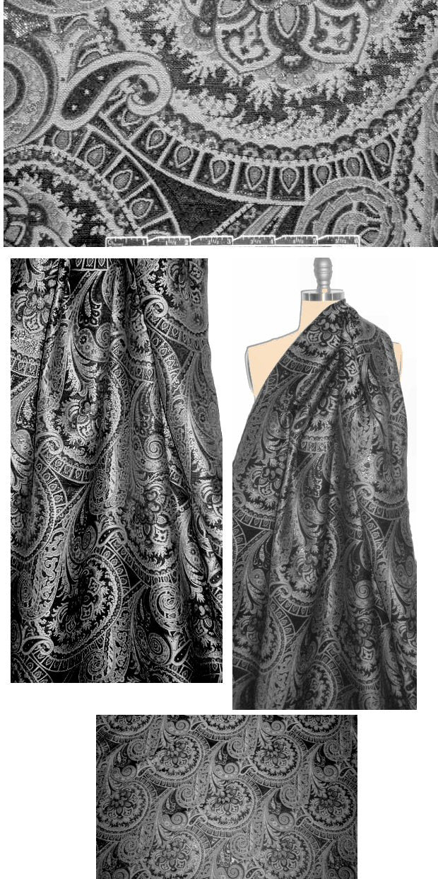 Italian black/gray/lurex paisley jacquard brocade