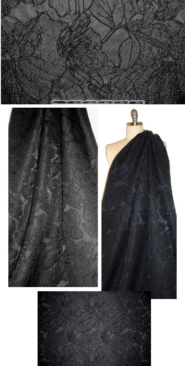 Italian black on black textured floral brocade 1.66 yd