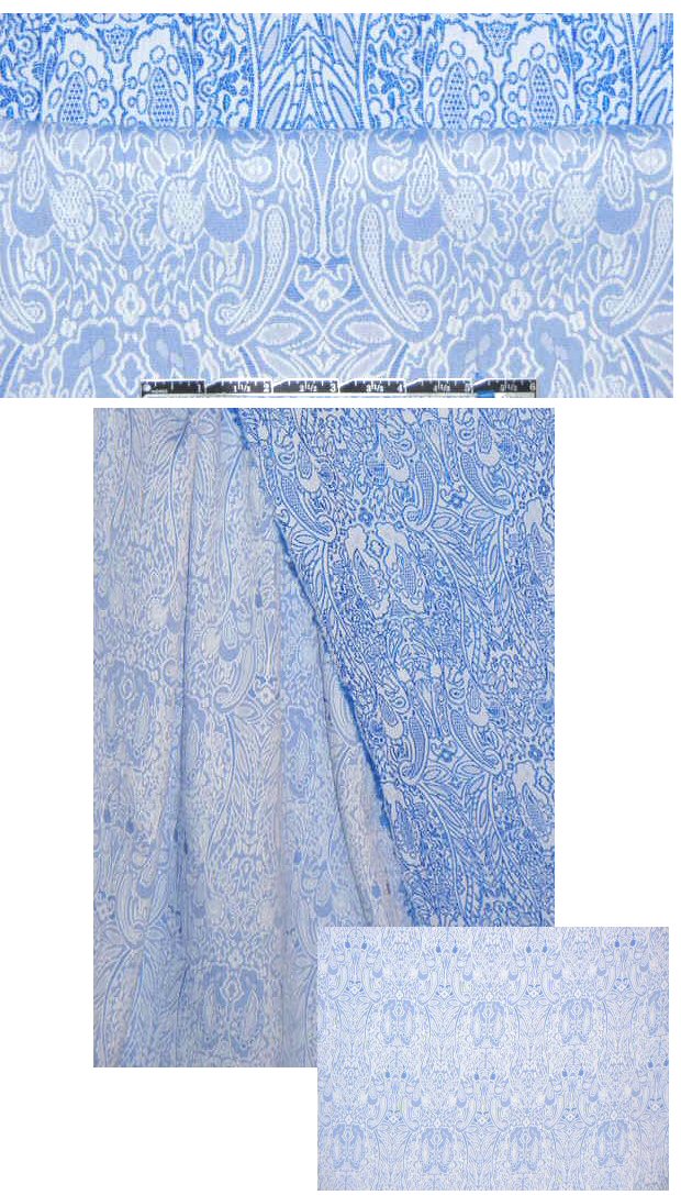 famous designer blue/white scroll stretch brocade 2 yd