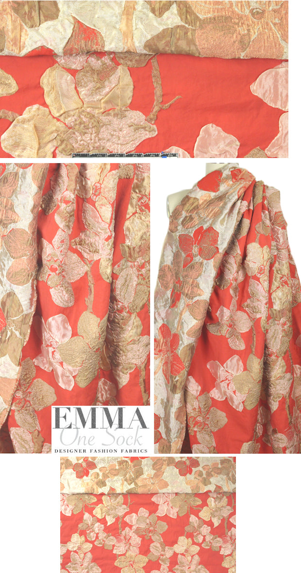 Italian coral red/gold textured floral matelasse'
