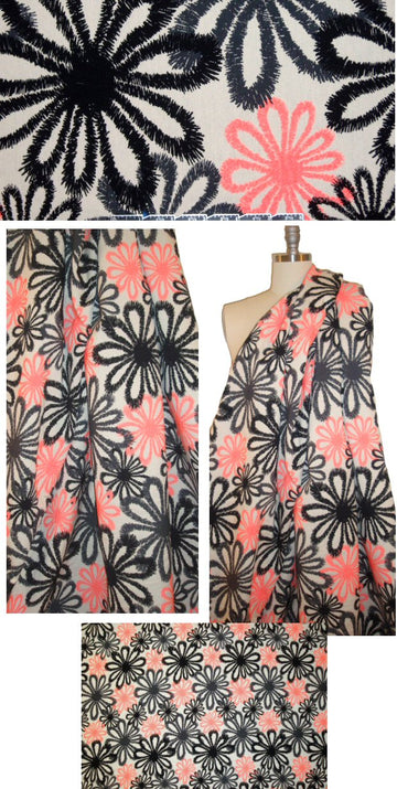 Italian neon-coral stylized flowers stretch brocade
