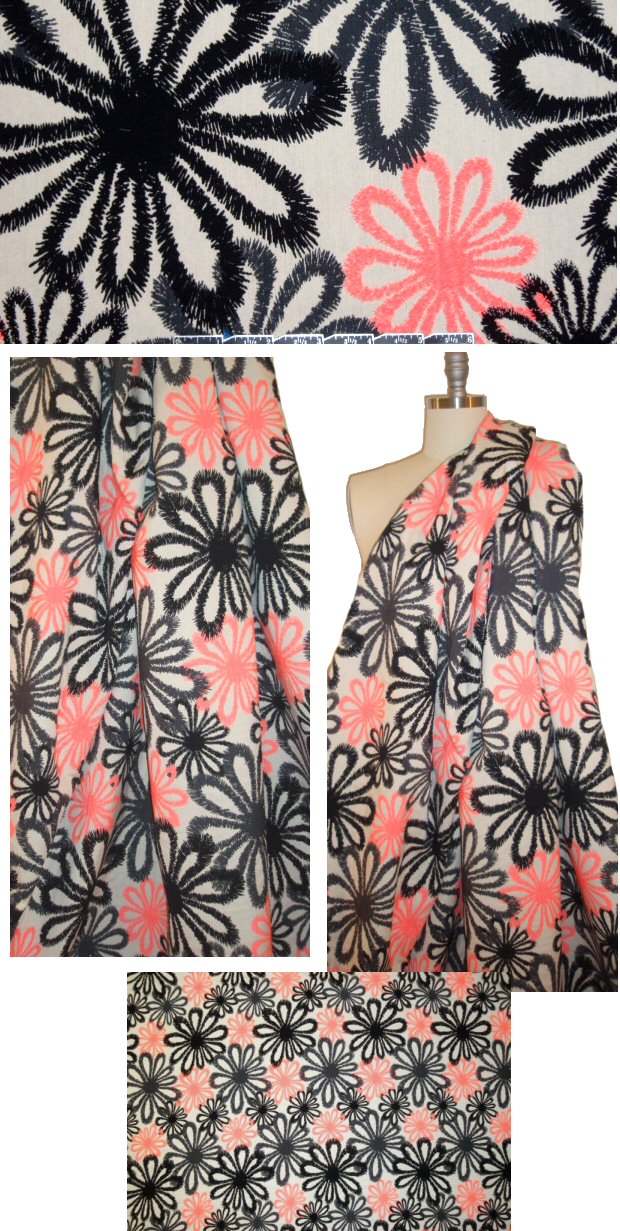 Italian neon-coral stylized flowers stretch brocade 1.8 yds