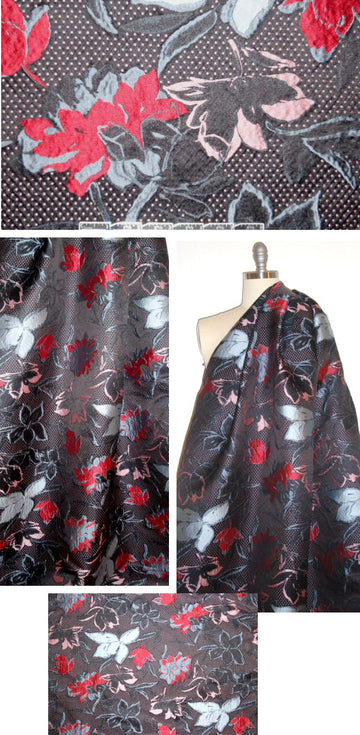 Italian red/blue/pink/black jacquard floral brocade .80 yds