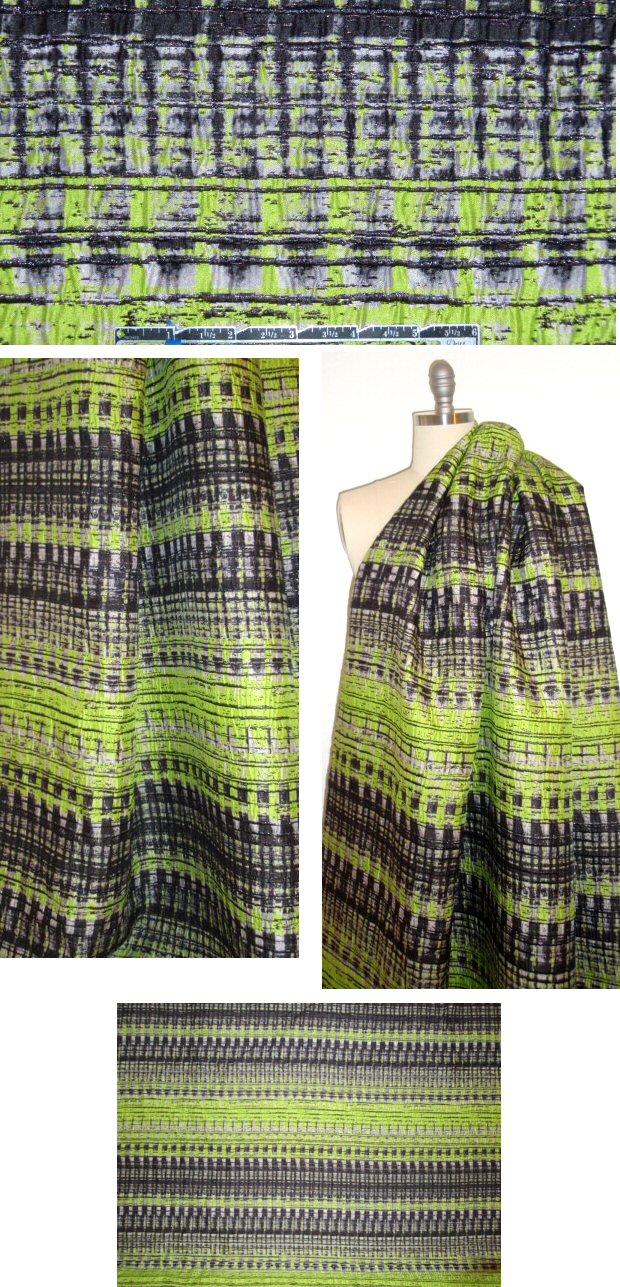 Italian lime/silver/black hatchy stripe brocade .875 yds