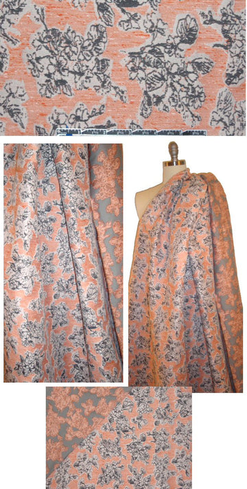 Vanners stylized floral jacquard brocade - peach/graphite 1.875 yd