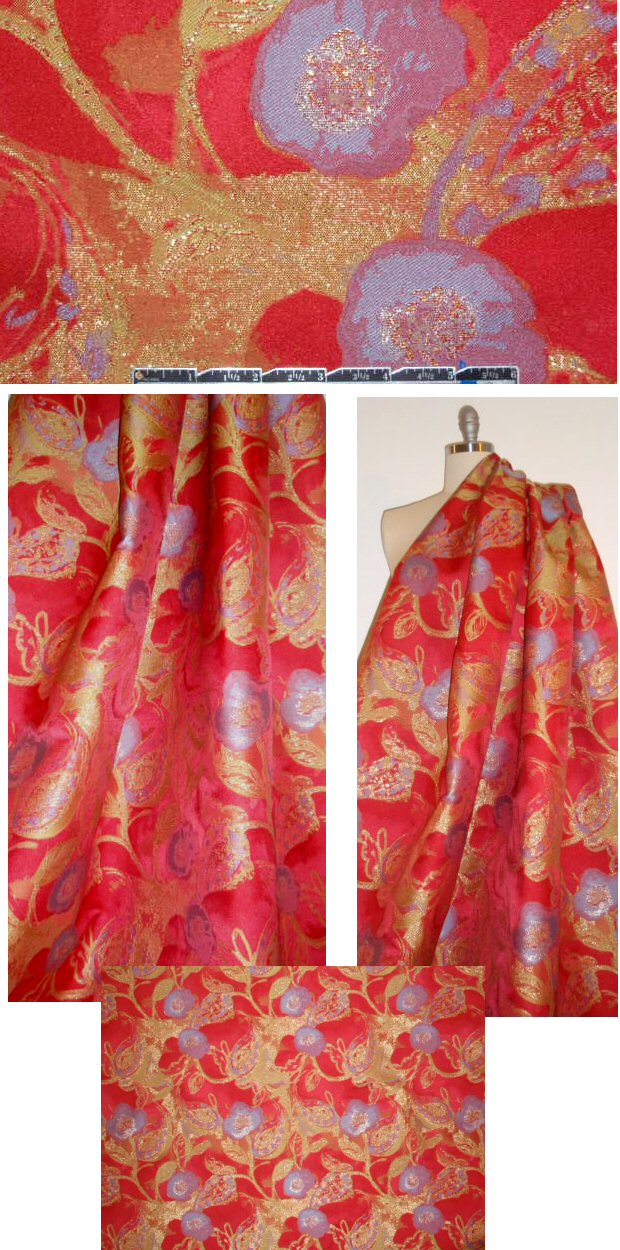 J. Mende11 poppy/wisteria/gold floral brocade .9 yds