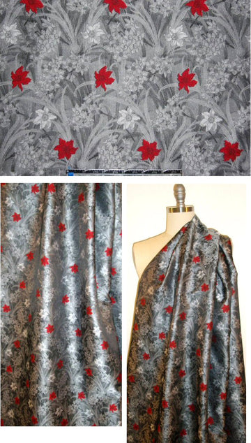 NY designer red/silver floral jacquard brocade 1.25 yd