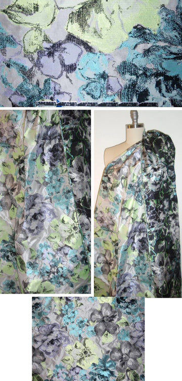 Ver@ Wang silk/poly brocade - lime/aqua floral .75 yds
