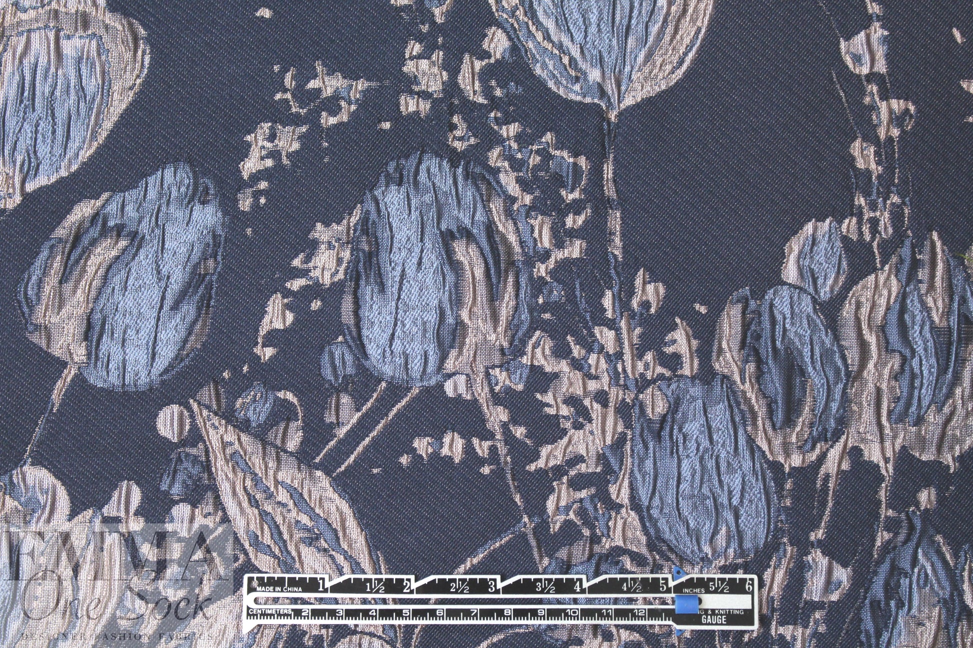 designer blue tulip border design panel brocade 1.75 yds (One panel + One partial)