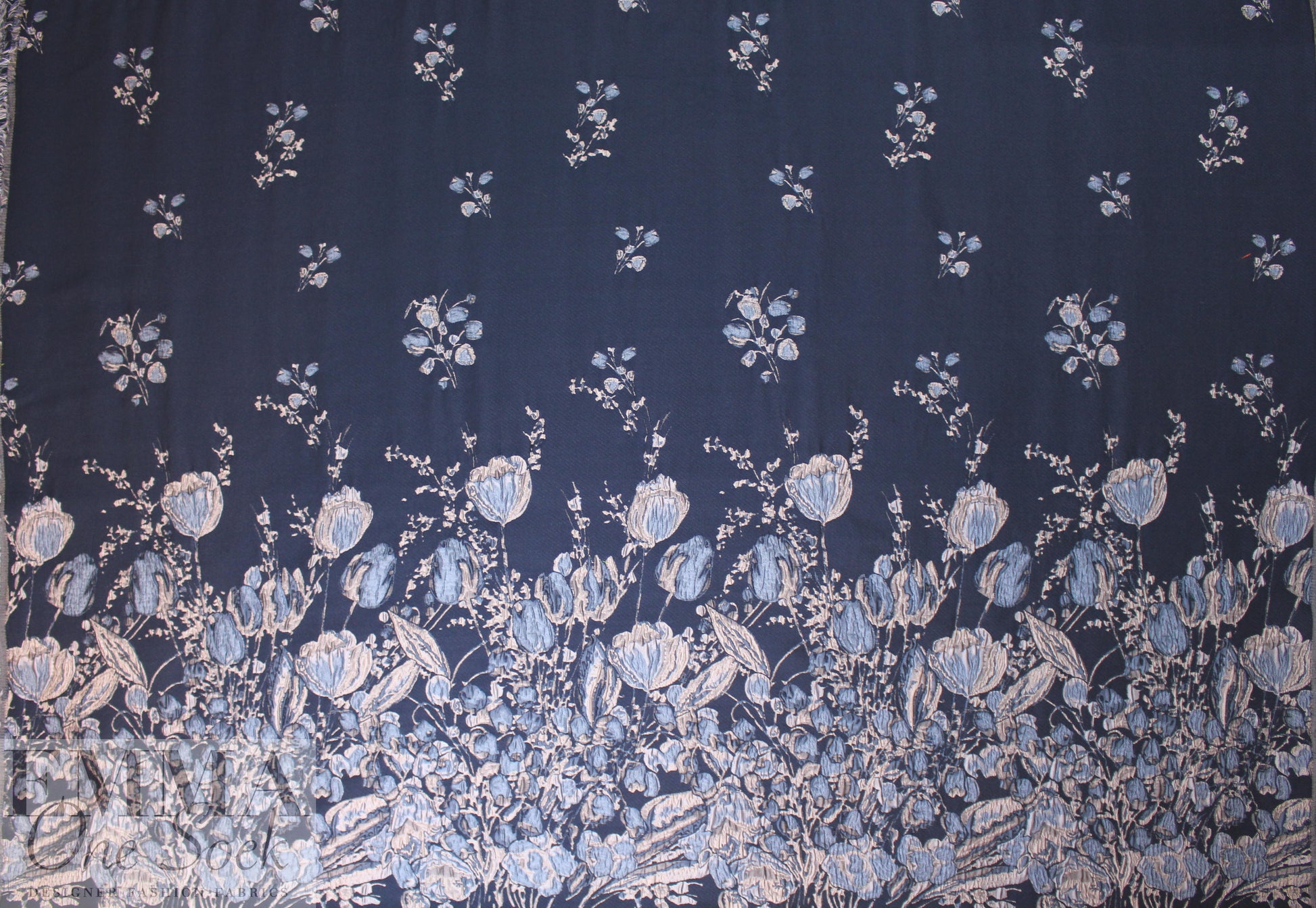 designer blue tulip border design panel brocade