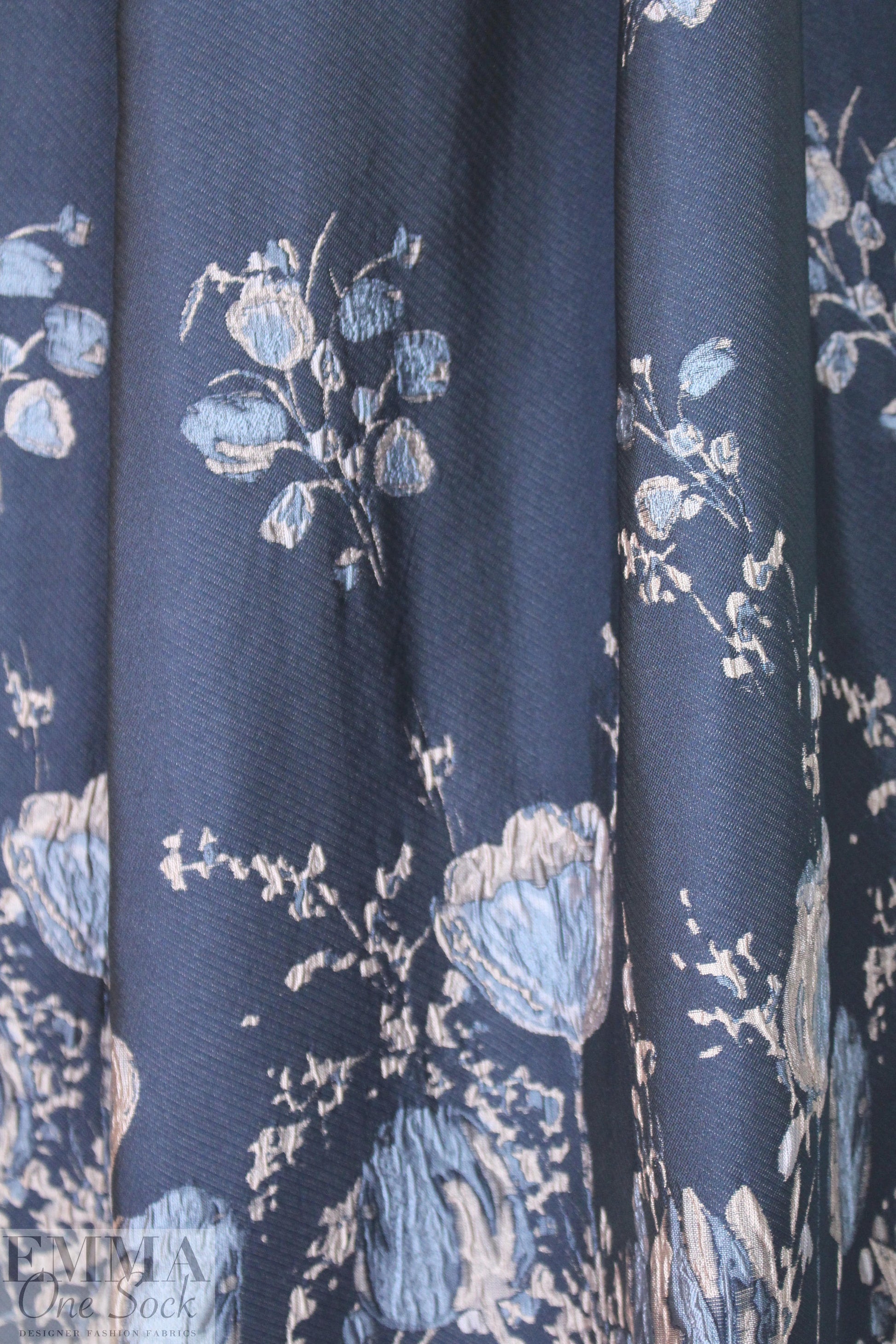 designer blue tulip border design panel brocade 1.75 yds (One panel + One partial)