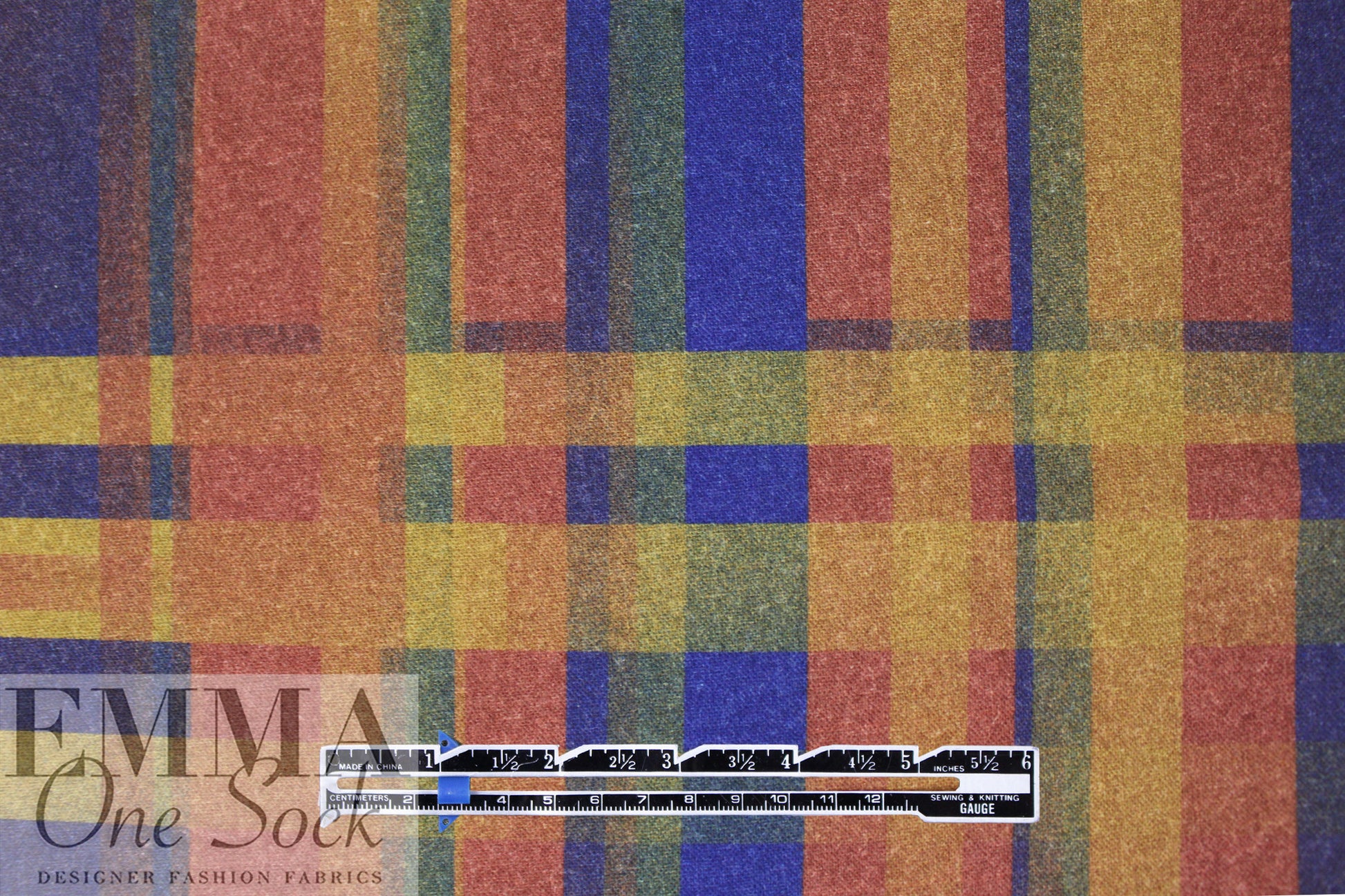 French 'plaid interrupted' wool blend woven - azure/spice 1.5 yd