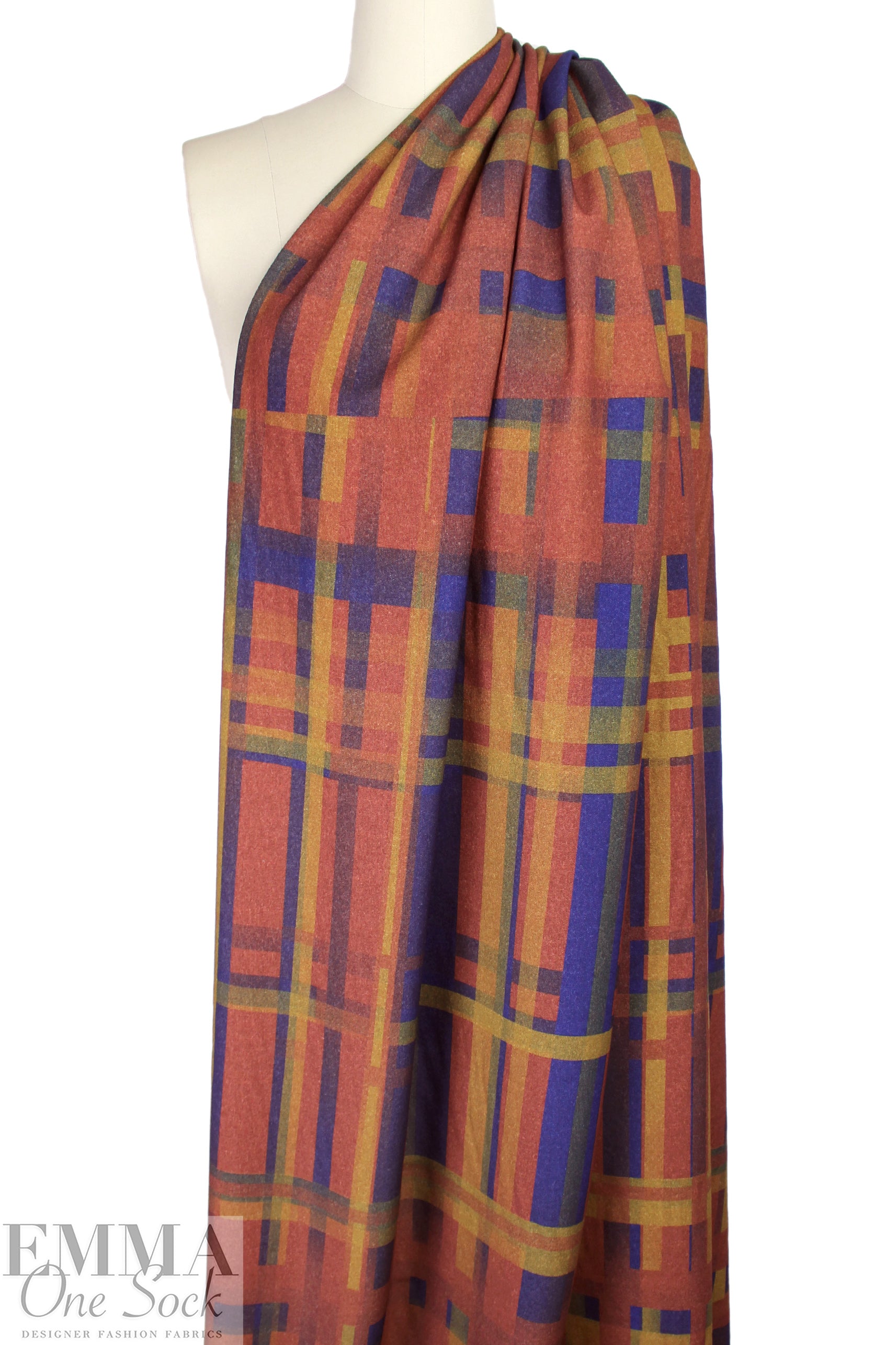 French 'plaid interrupted' wool blend woven - azure/spice .75 yds