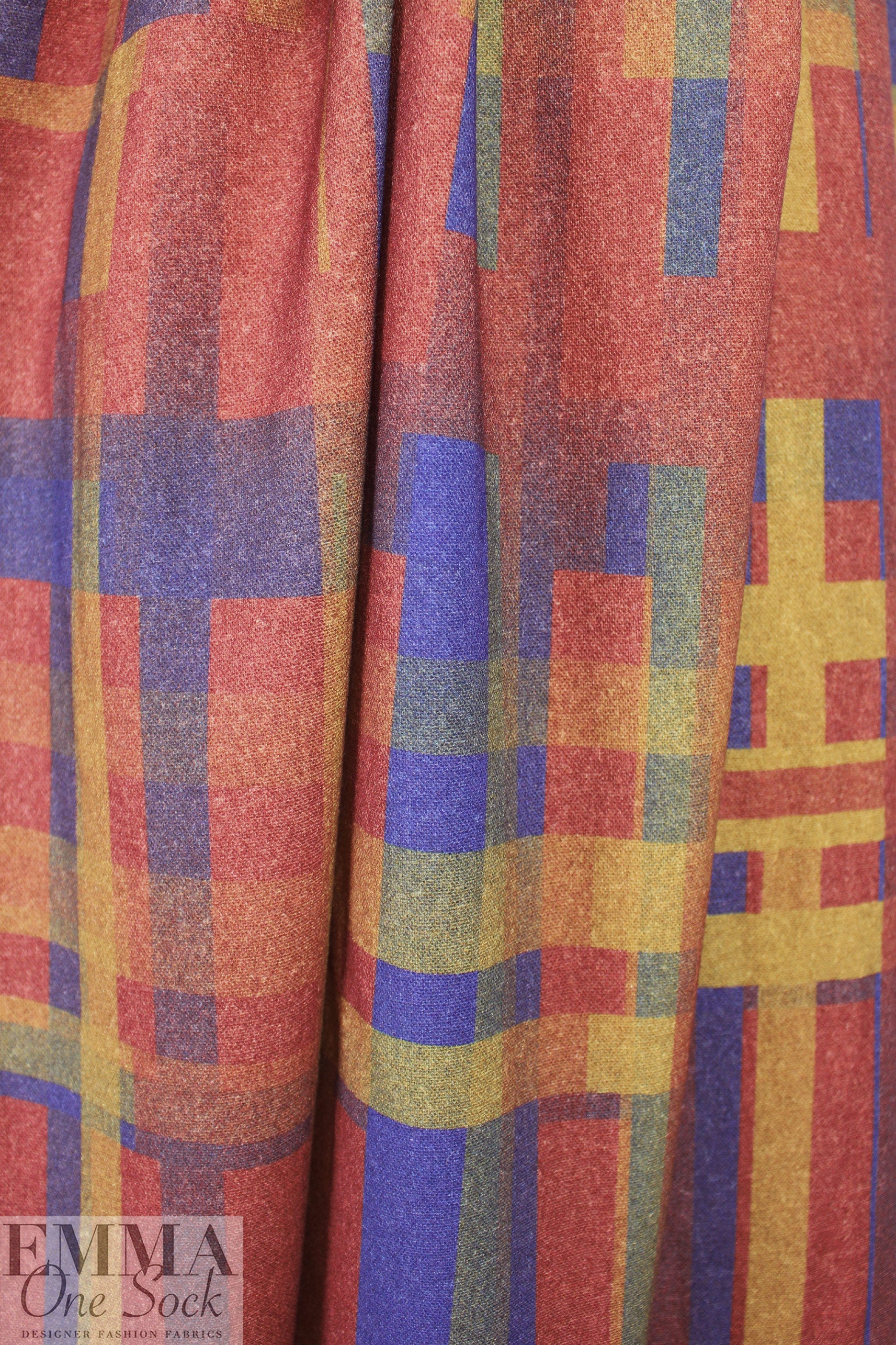 French 'plaid interrupted' wool blend woven - azure/spice 1.5 yd