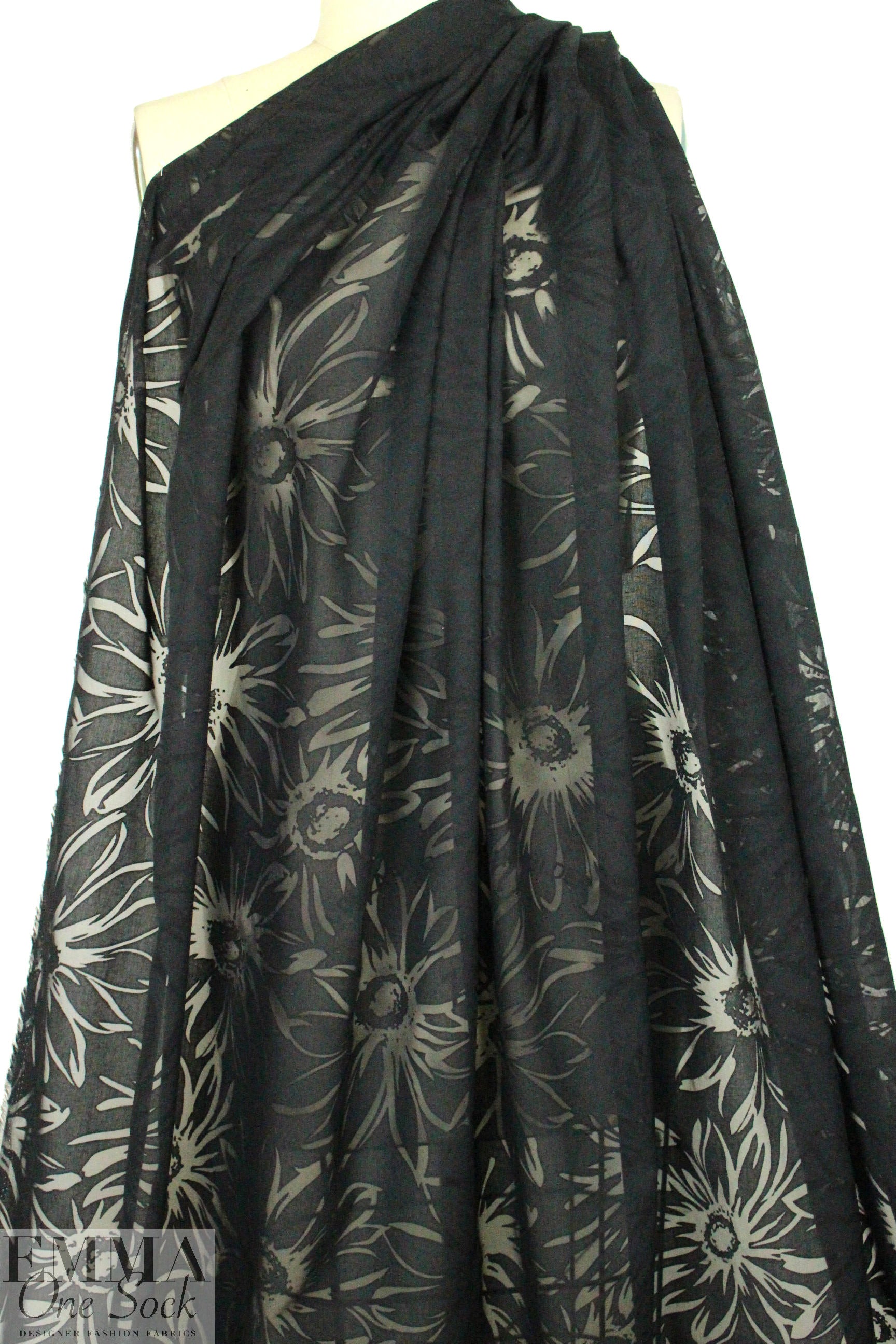 NY designer black stylized floral burnout voile