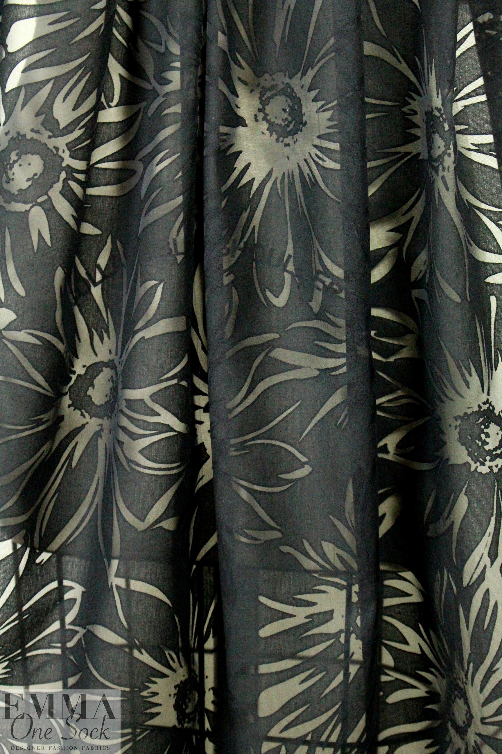NY designer black stylized floral burnout voile