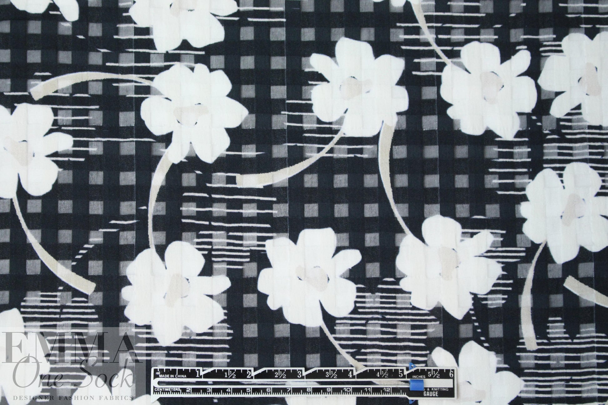 Italian cotton/silk burnout floral check - black/white