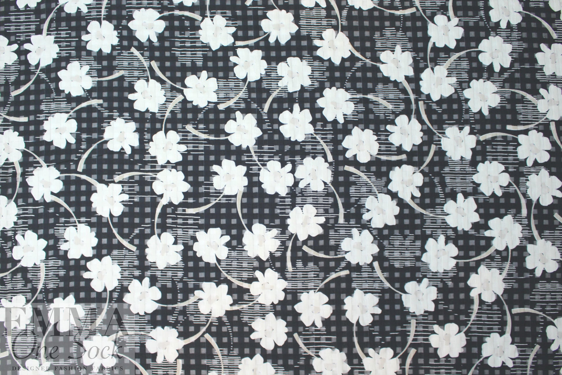 Italian cotton/silk burnout floral check - black/white