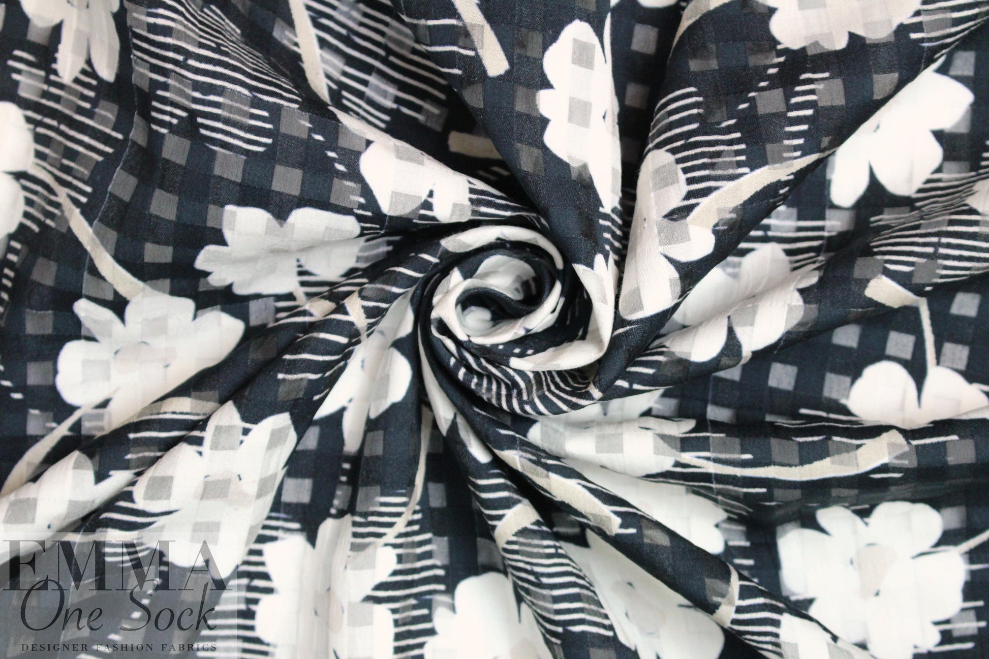 Italian cotton/silk burnout floral check - black/white
