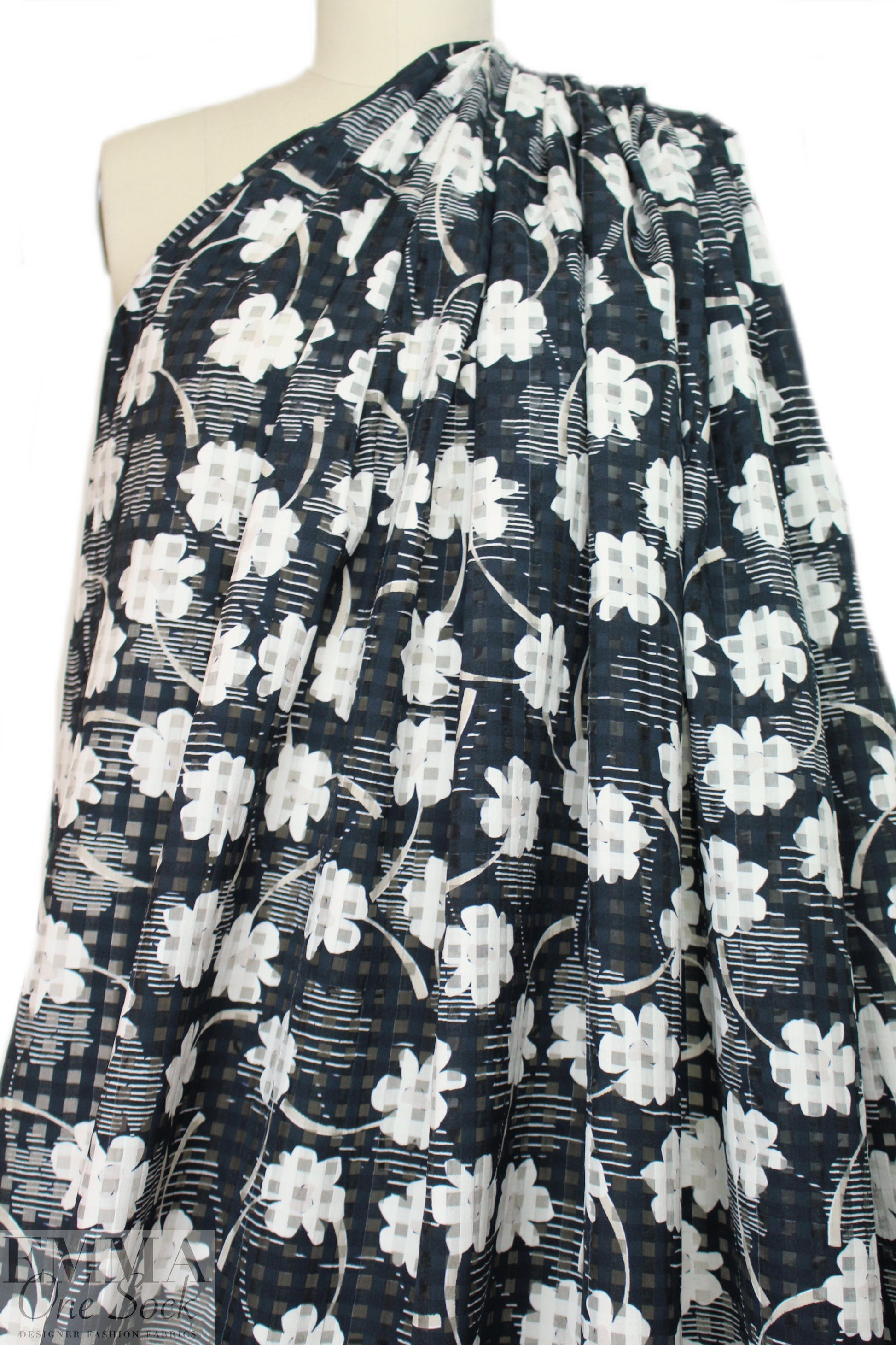 Italian cotton/silk burnout floral check - black/white