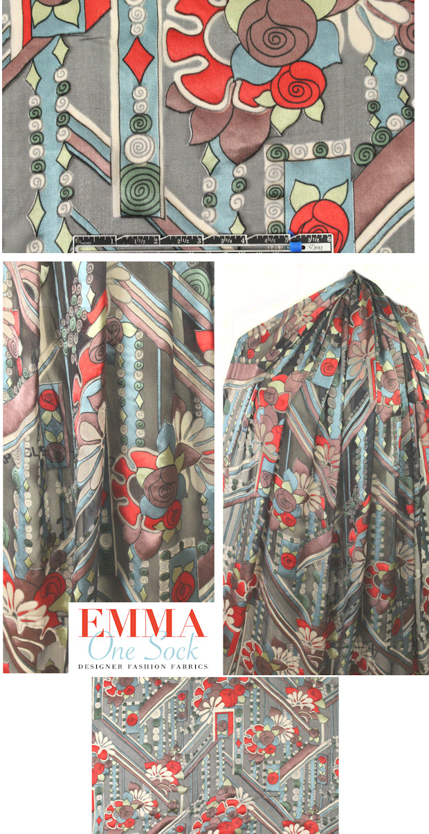 Italian dusty blue/red art deco silk burnout 1.5 yards